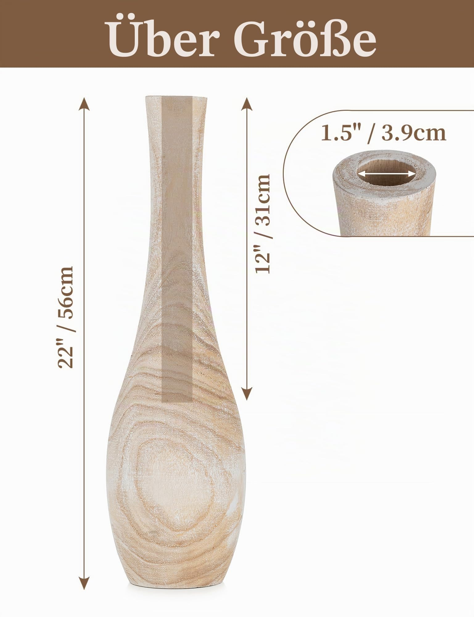Hanobe Vase Deko Groß Bodenvase: Holz Hoch Boden Vasen Skandinavische Deko XXL Flur Wohnzimmer - 56cm Landhausstil Natur Blumenvase mit Loch für Pampasgras