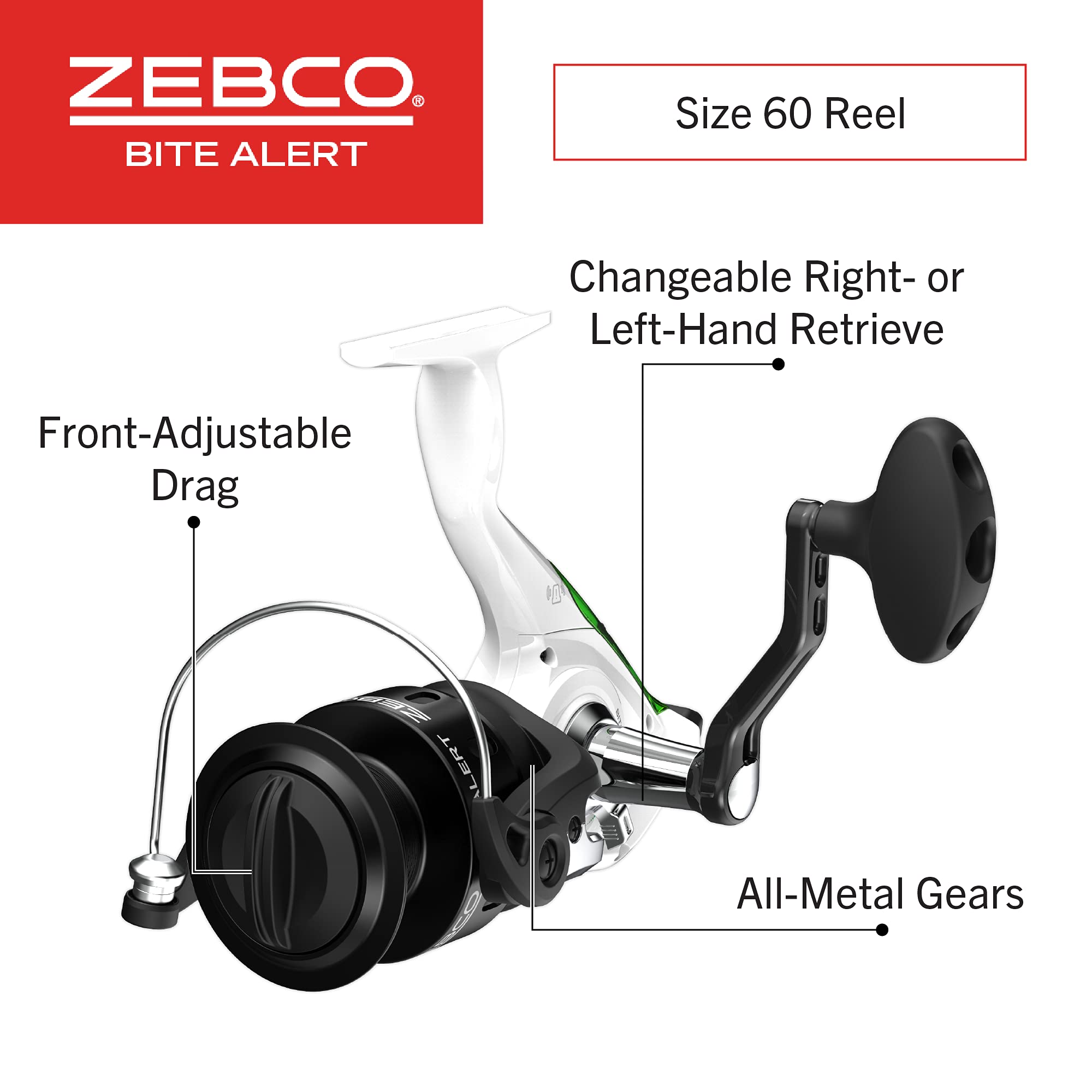 Zebco Bite Alert Spinning Reel and Fishing Rod Combo, 7-Foot 2-Piece Fiberglass Fishing Pole, Extended EVA Handle, Size 60 Reel, Pre-Spooled with 20-Pound Zebco Line, 4.9:1 Gear Ratio, Black/White