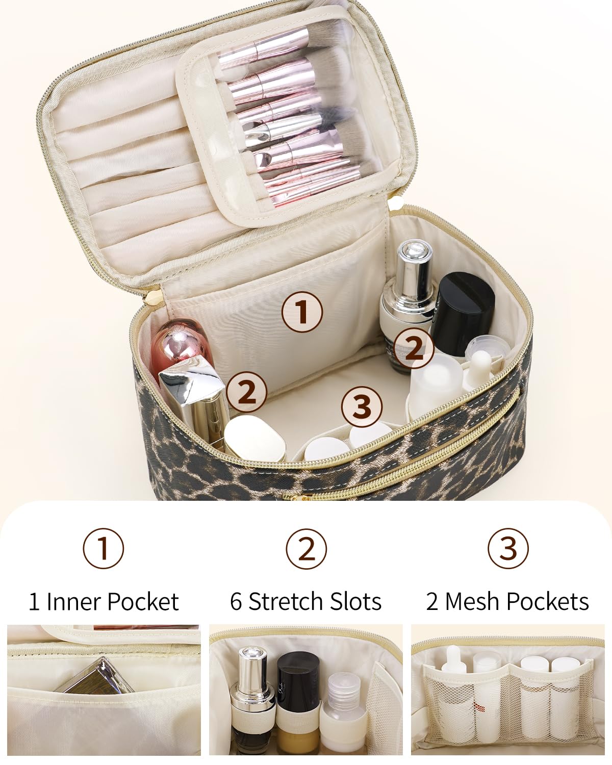Travel Makeup Bag with Brush Compartment, Large Cosmetic Bags, Quilted Fabric Makeup Case with Handle - Image 3