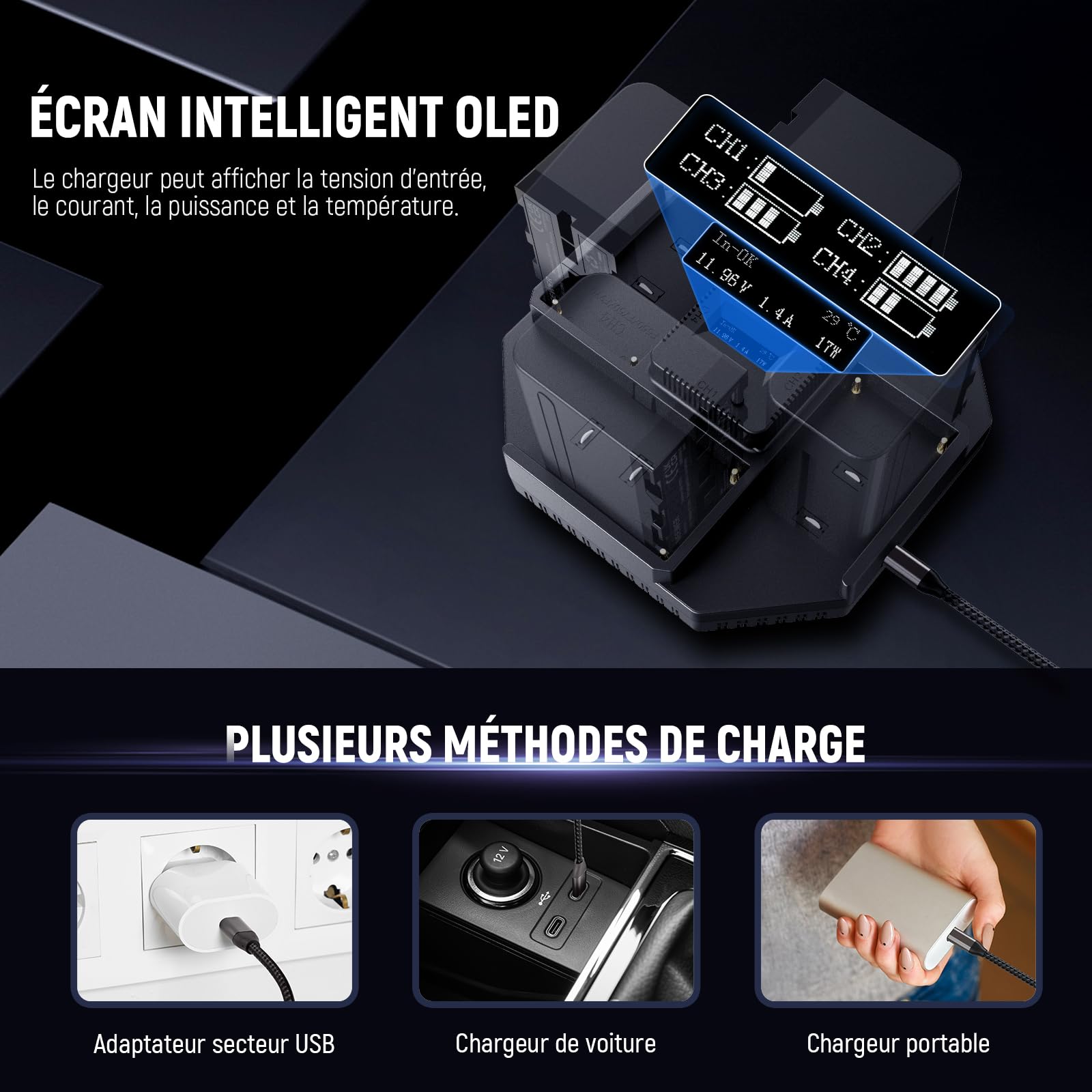 NEEWER NP-F970 Chargeur à 4 Canaux pour NP-F550 NP-F750 Caméscope Caméra Batterie, Chargeur de Batterie NPF à Charge Rapide PD 100W avec Écran OLED &100W Câble de Charge Rapide USB C à USB C, NW-F4