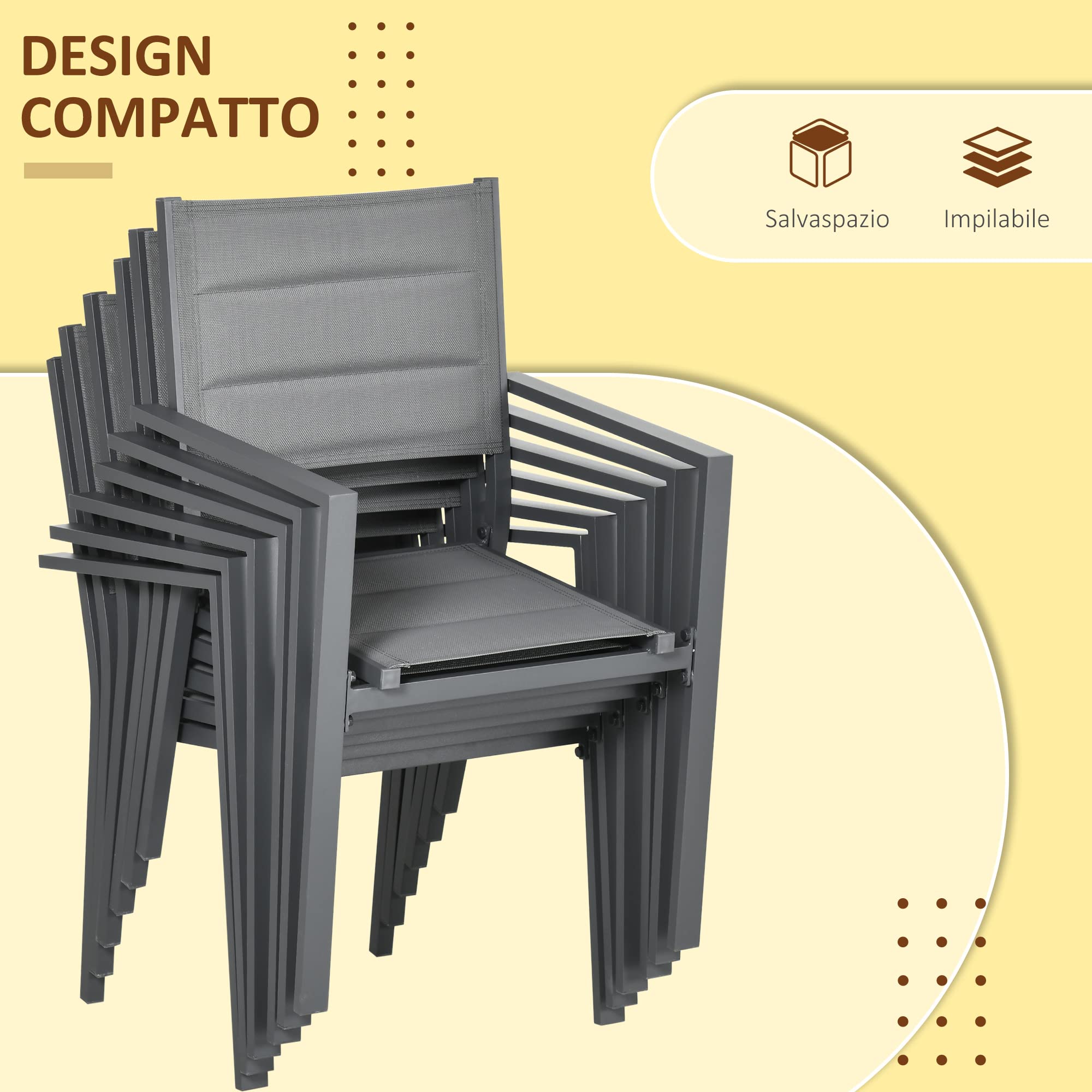 Outsunny Set da Giardino in Alluminio 7 Pezzi Tavolo Rettangolare Allungabile 6 Sedie Grigio