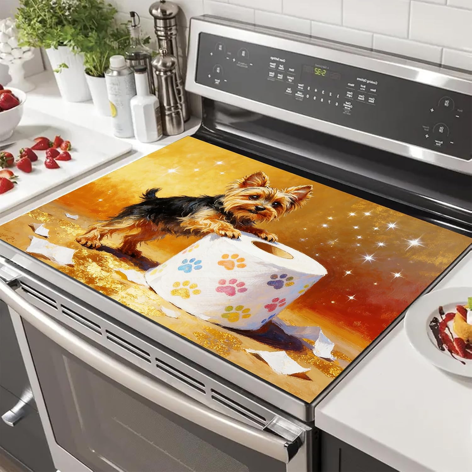 HOMETITUTE Spring Stove Top Covers for Electric Stove 28x20 Inches Cute Dog Paw Artwork Heat Resistant Glass Cooktop Protector Pad Decorative Stovetop Cover for Kitchen Coffee Bar Decor