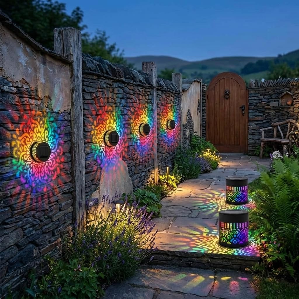 Solar Wandleuchte,Solar Wandleuchte Außen,Dekorative für den Außenbereich | 7 Farb-Verlauf,Projektionslampe,Wasserdicht,Metalllampe für Hinterhofpfosten,Hof,Terrasse,Garten,Balkon,Zaun（4 Stück）