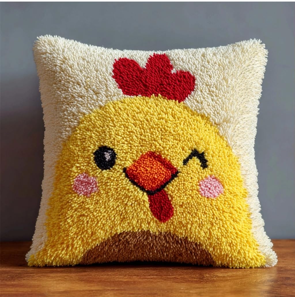 Taxpy Latch Hook Kit, Smiling Chicken Animal Latch Hook Pillow Kits for Adults Crochet Yarn Cushion Pre-Printed Needlework Handcraft 17X17 Inch
