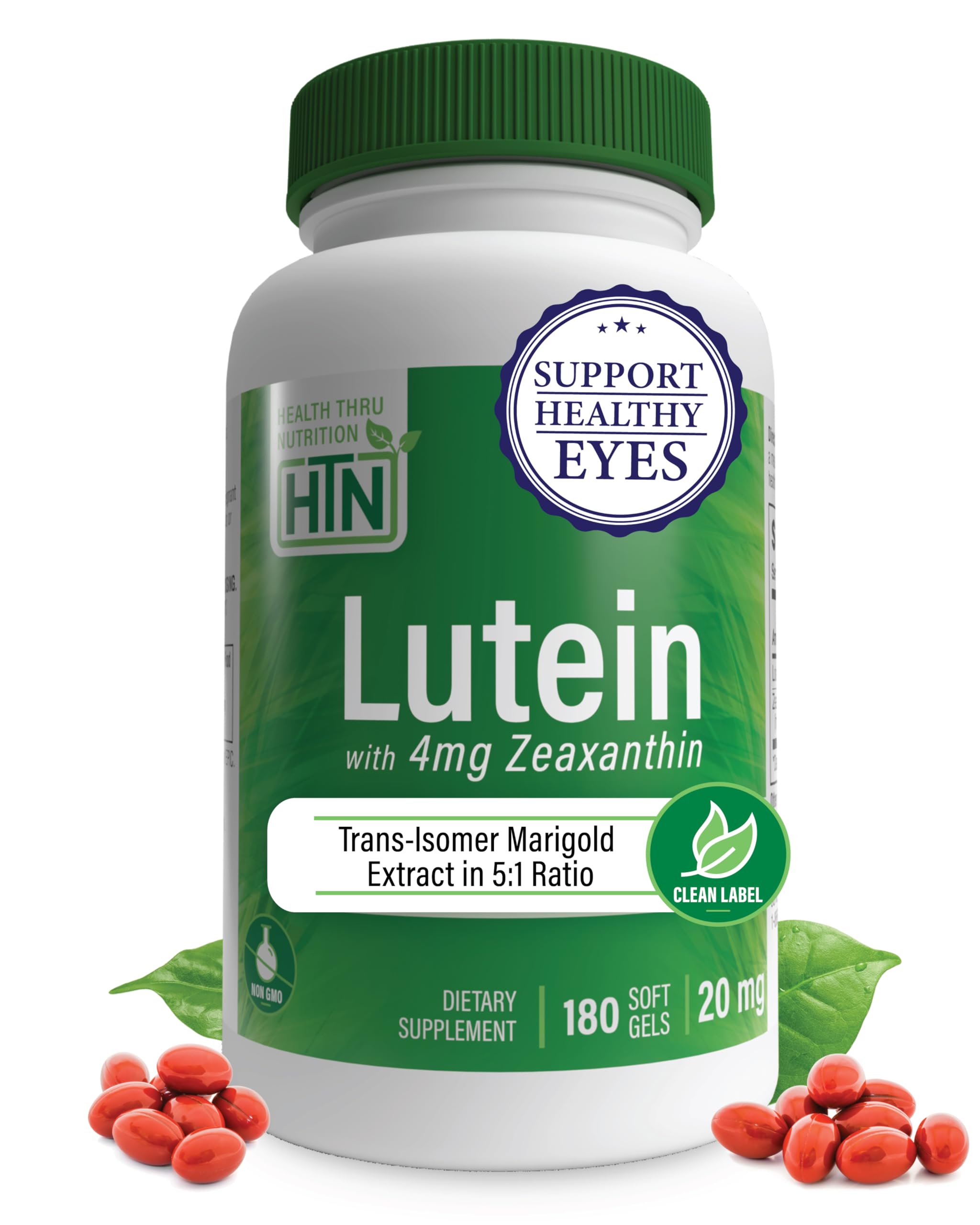 Lutein 20mg with Zeaxanthin 4mg 180 Softgels | Trans-Isomer Marigold Extract in Nature Identical 5:1 Ratio | Supports Healthy Eye, Skin and Brain | Non-GMO Soy & Gluten Free | by Health Thru Nutrition