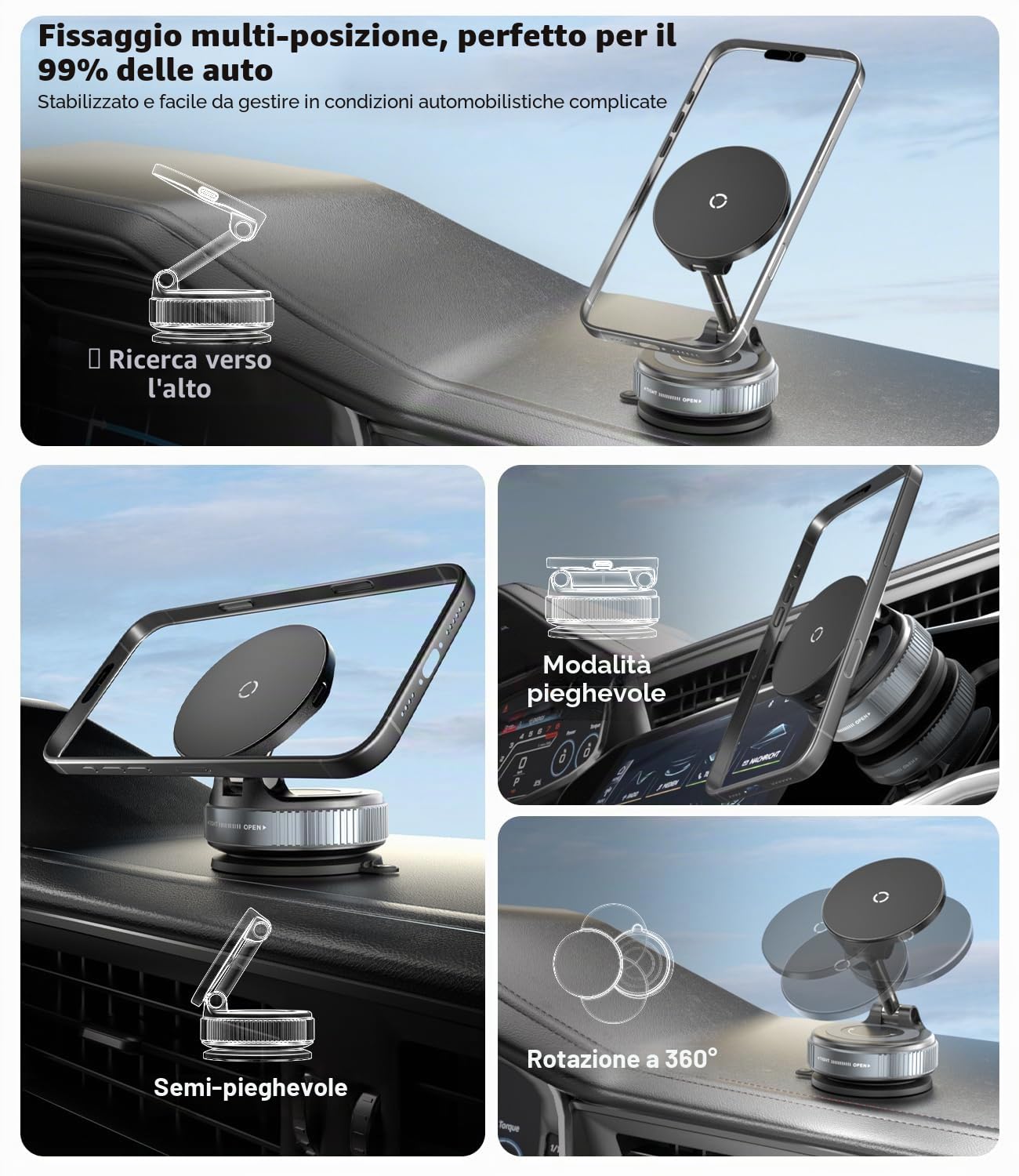 CloudValley Caricatore Wireless Auto 15W con Supporto Magnetico e Ventosa in Gel, Stand Pieghevole 360°, Porta Cellulare, Compatibile con MagSafe iPhone 17/16/15/14/13/12