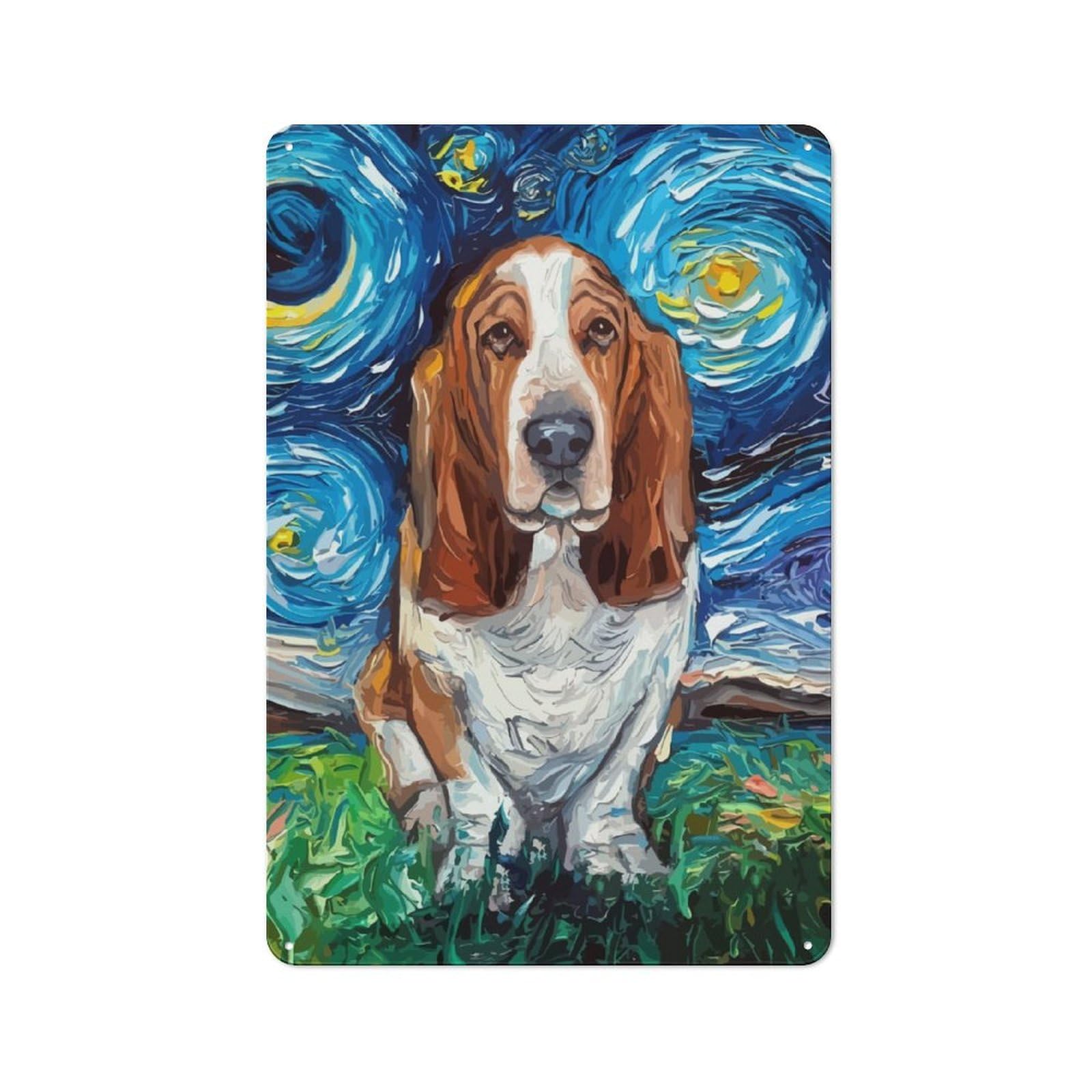 Junmoney Starry Night Basset Hound Retro Metal Wall Decor 30X20cm, Vintage Metal Sign For Coffee Bar, Small Shop Or Dining Room