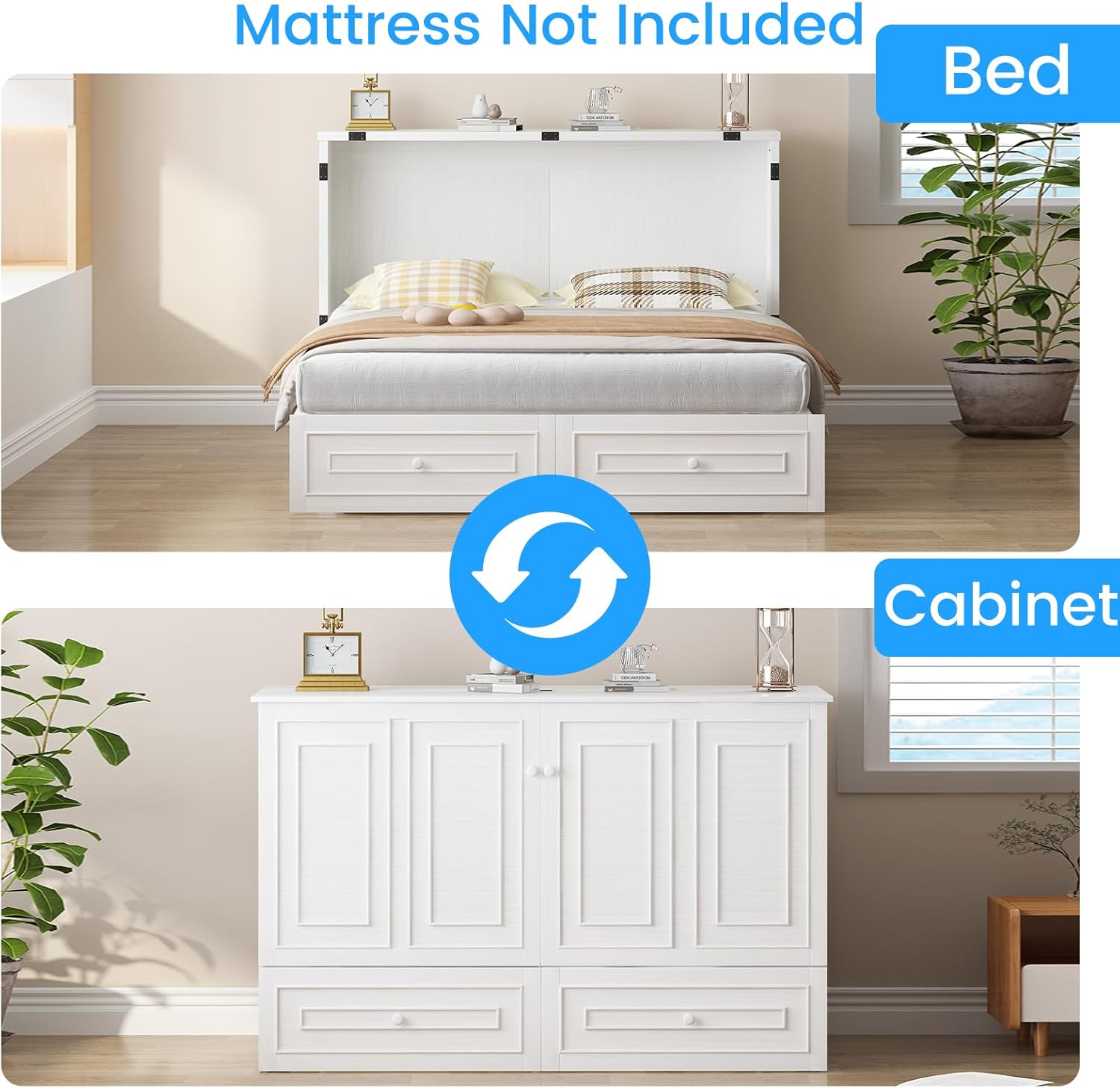 PUREMIND Queen Murphy Bed with Mattress Included – Solid Wood Hideaway Cabinet Bed with 2 Storage Drawers & USB Ports – Space Saving Cabinet Bed for Guest Room, Apartment, Home Office, White