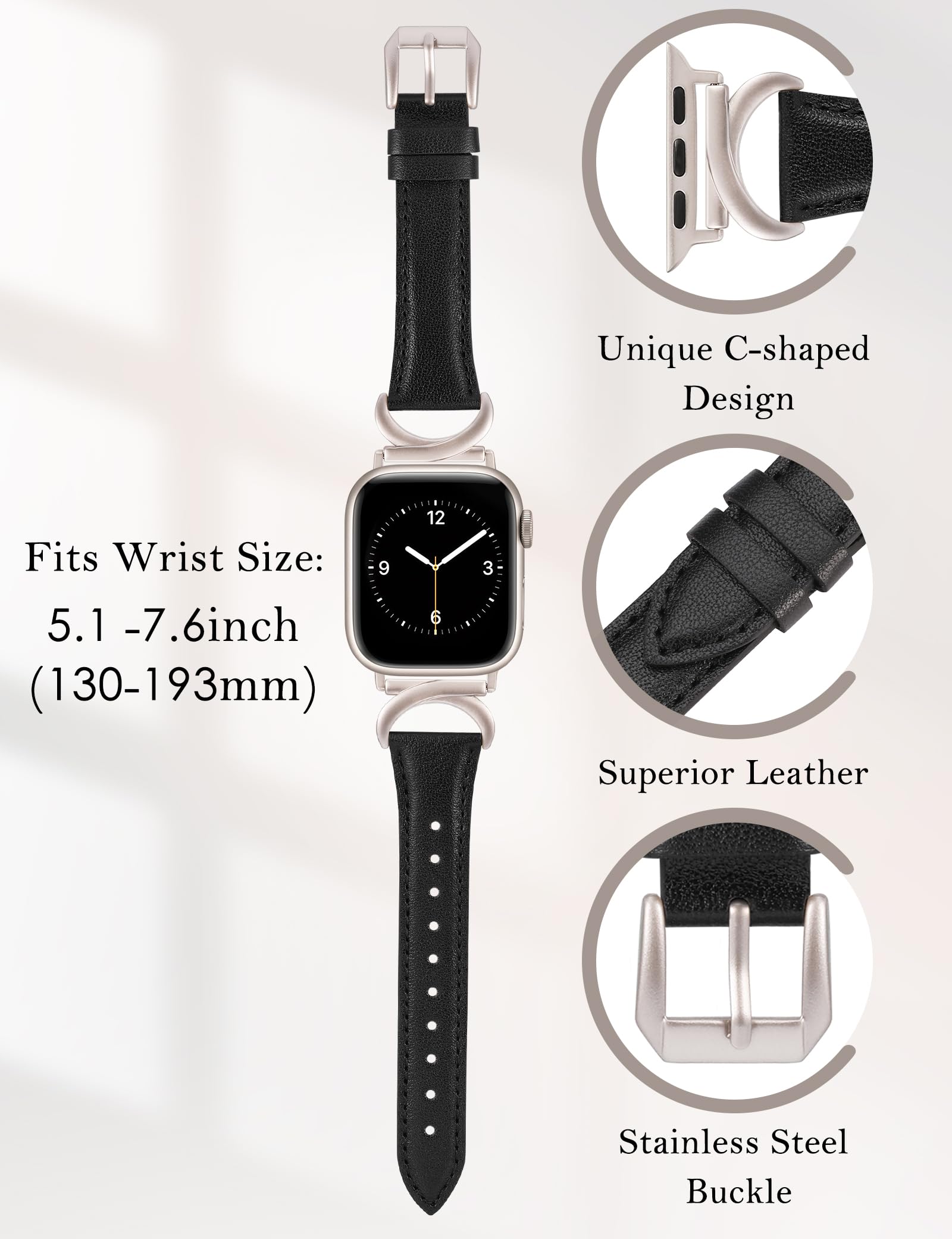 TOYOUTHS Leather Strap Compatible with Apple Watch Straps 41mm 40mm 42mm 38mm Women Slim Thin Dressy Strap with C-Shaped Metal Buckle for iWatch Series 11 10 9 8 7 6 5 4 SE 3 2 1 - Image 3