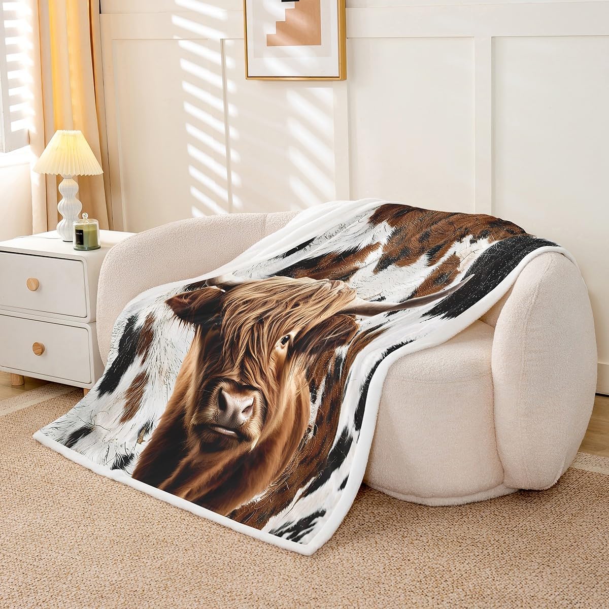 Feelyou Kids Adult Cow Print Sherpa Blanket Highland Cow Print Fleece Throw Blanket for Kids Boys Girls Gift Cow Fur Print Plush Blanket Western Farmhouse Fuzzy Blanket for Sofa Bed Couch 60"x80"