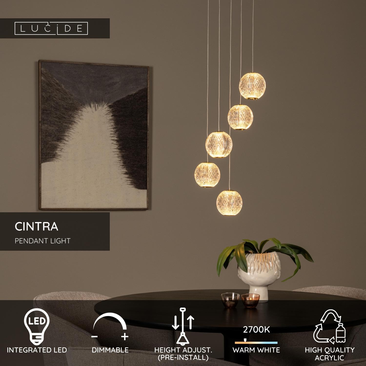 Lucide CINTRA - Pendelleuchten - Ø 32 cm - LED Dim. - 5x4,7W 2700K - Transparent, Klar