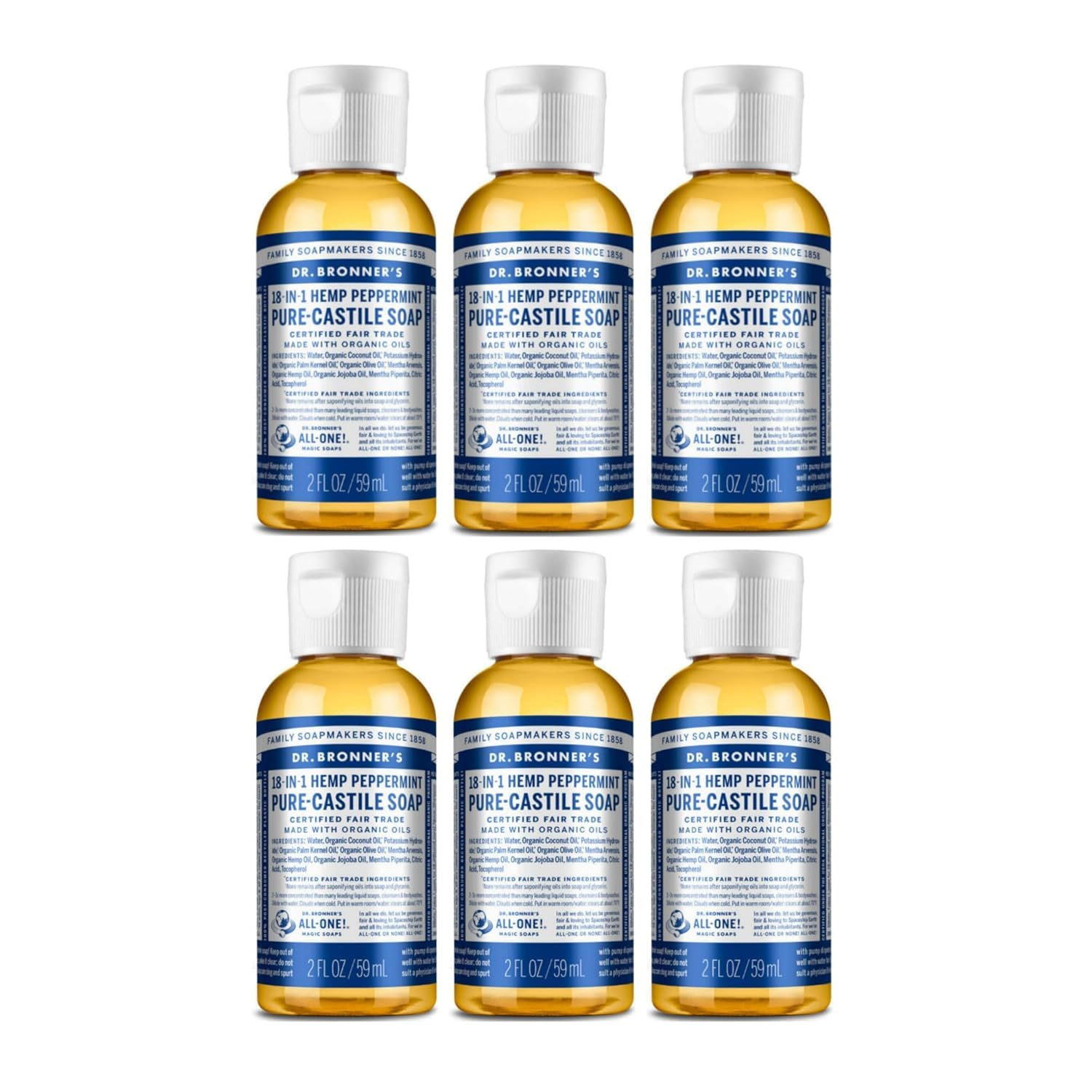 Dr. Bronner's Liquid Organic Castile Soap Peppermint 2oz All-Purpose (6-Pack)