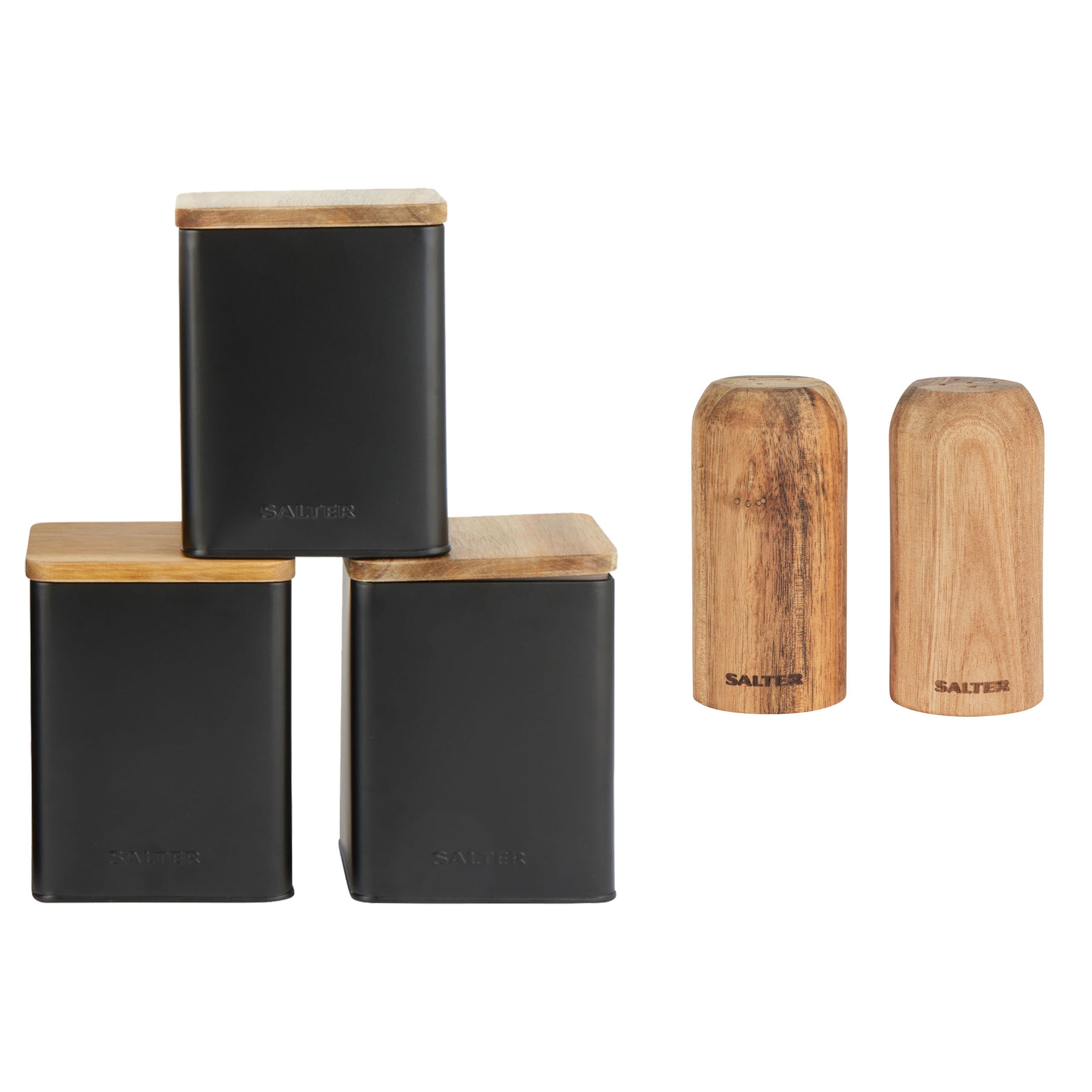 Salter COMBO-9283 Toronto Canisters & Salt and Pepper Shakers - Tea, Sugar, Coffee Storage Jars, Worktop Countertop Organiser Containers, Set Of 2 Spice Shaker, Compact, Refillable, Acacia Wood, Black