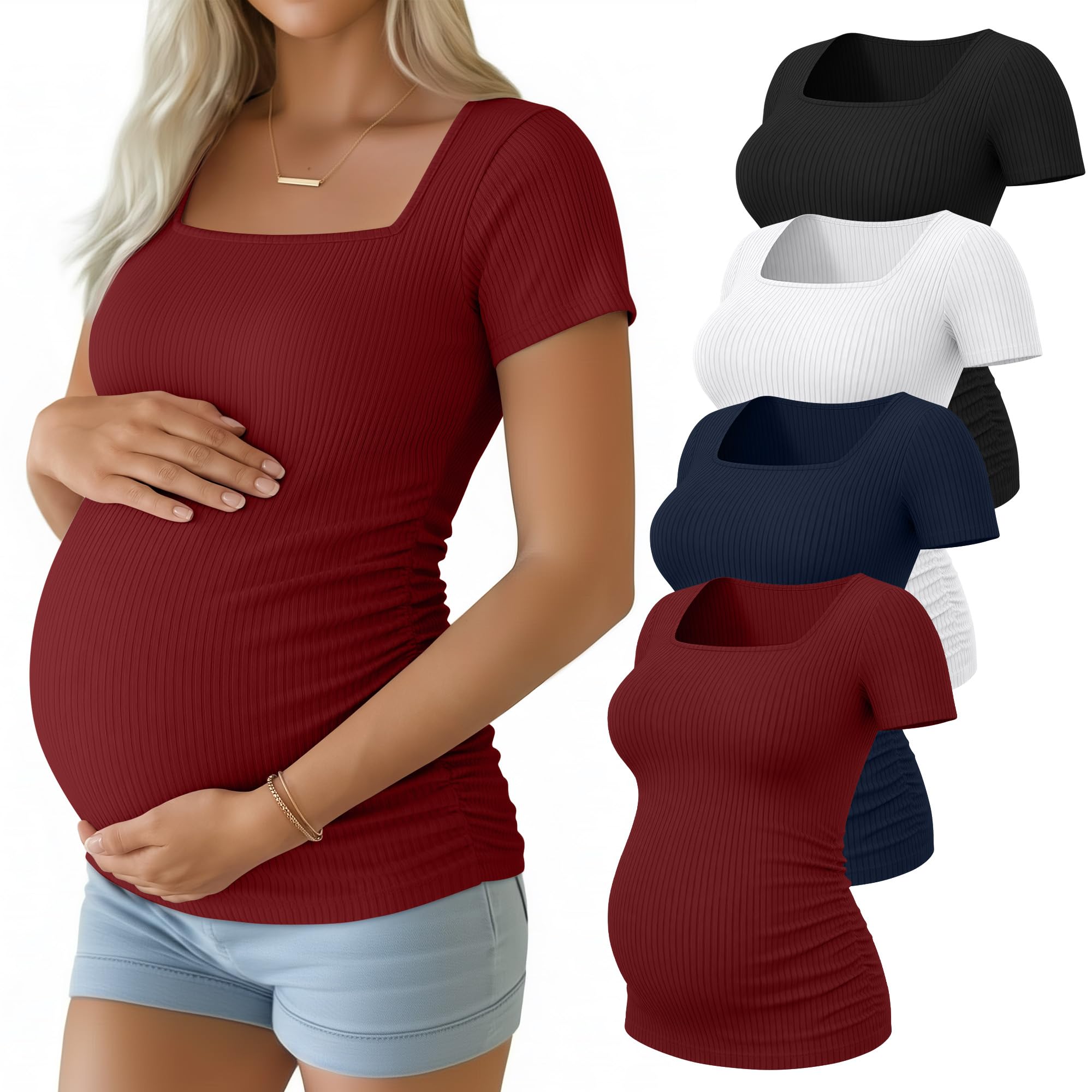 Geyoga 4erPack Damen Umstandstops | Baumwolle Schwangerschafts Shirts, Gerippt Kurzärmelig Mit Eckigem Ausschnitt, Seitlich Gerafft Für Work Sommer Umstandsmode