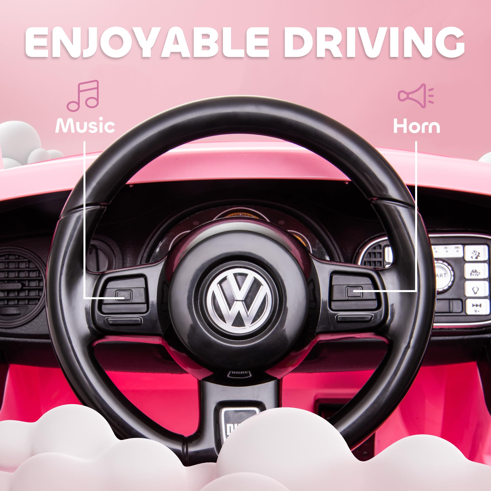 AIYAPLAY Coche Eléctrico para Niños de +3 Años Volkswagen Beetle 12V Rosa | Carro Eléctrico Infantil, Mando a Distancia, Faros, Bocina y Música