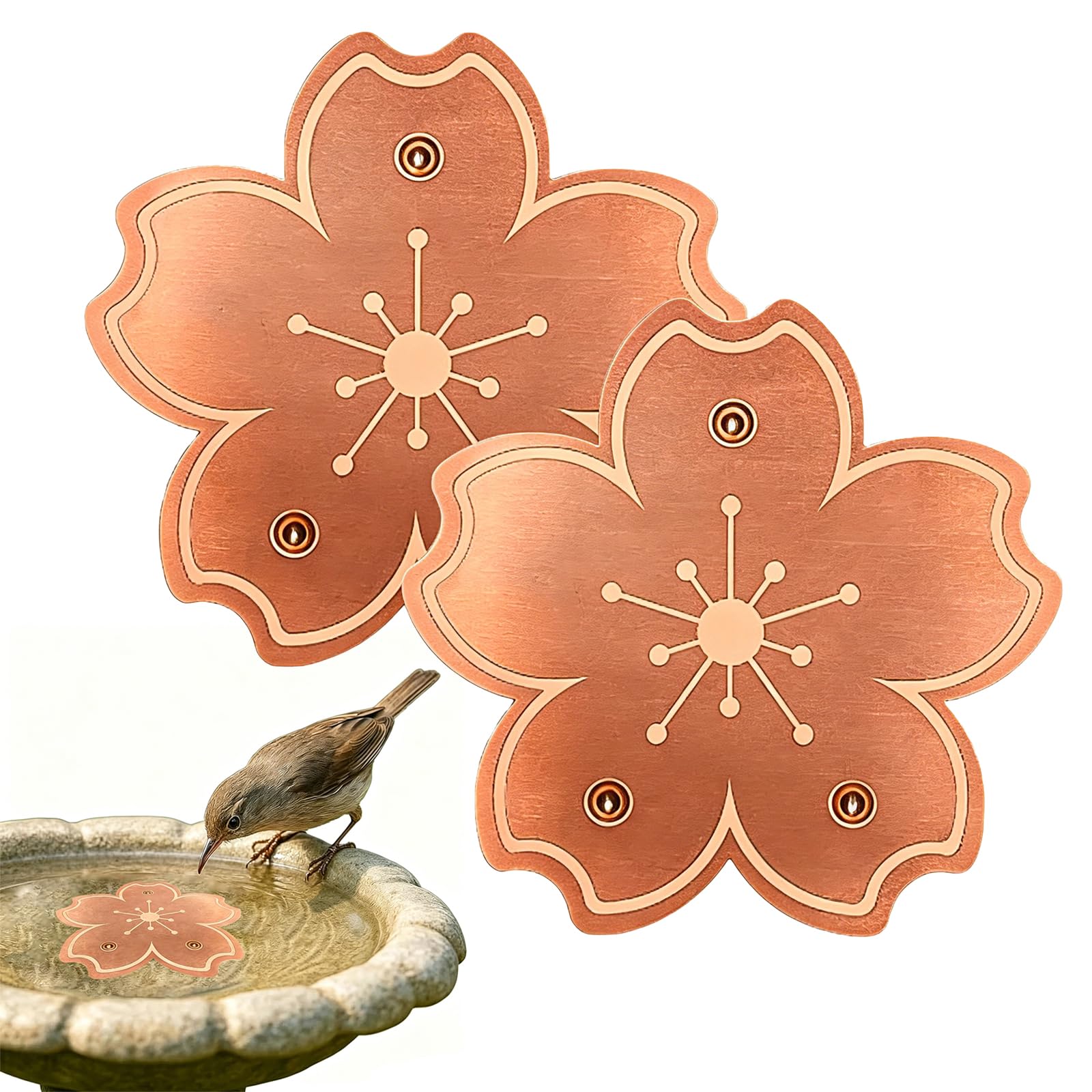 Copper Disc for Bird Bath, Copper Disc, Bird Bath Copper Disk for Natural Water Maintenance, Garden Bird Bath Accessory with Floral Design, Set of Two 10 cm Discs