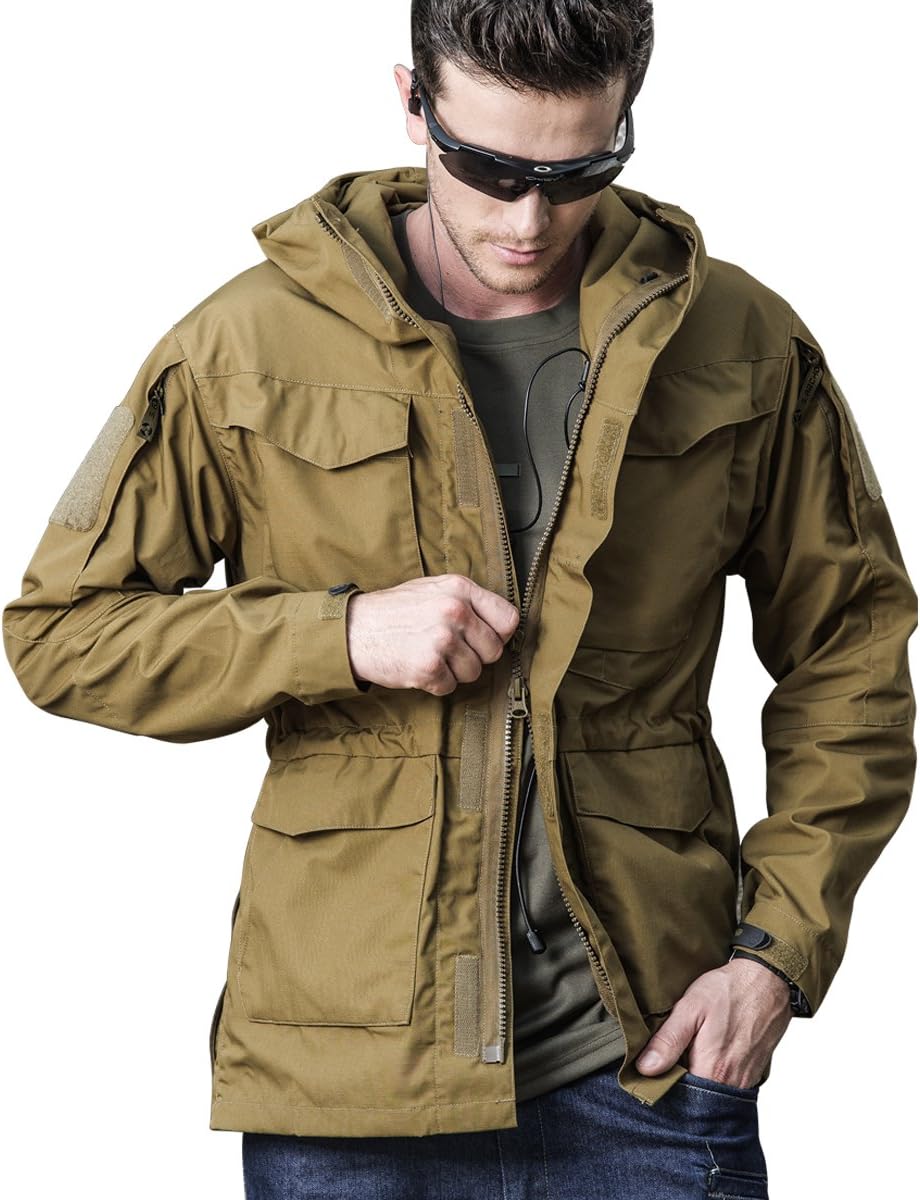 Men Army Tactical Jacket Military Khaki Coat Hooded Outdoor Windbreaker Big and Tall Casual Combat Waterproof Sport Soft Shell Coat Hiking Fishing Hunting Mountain Climbing（Khaki,XL）