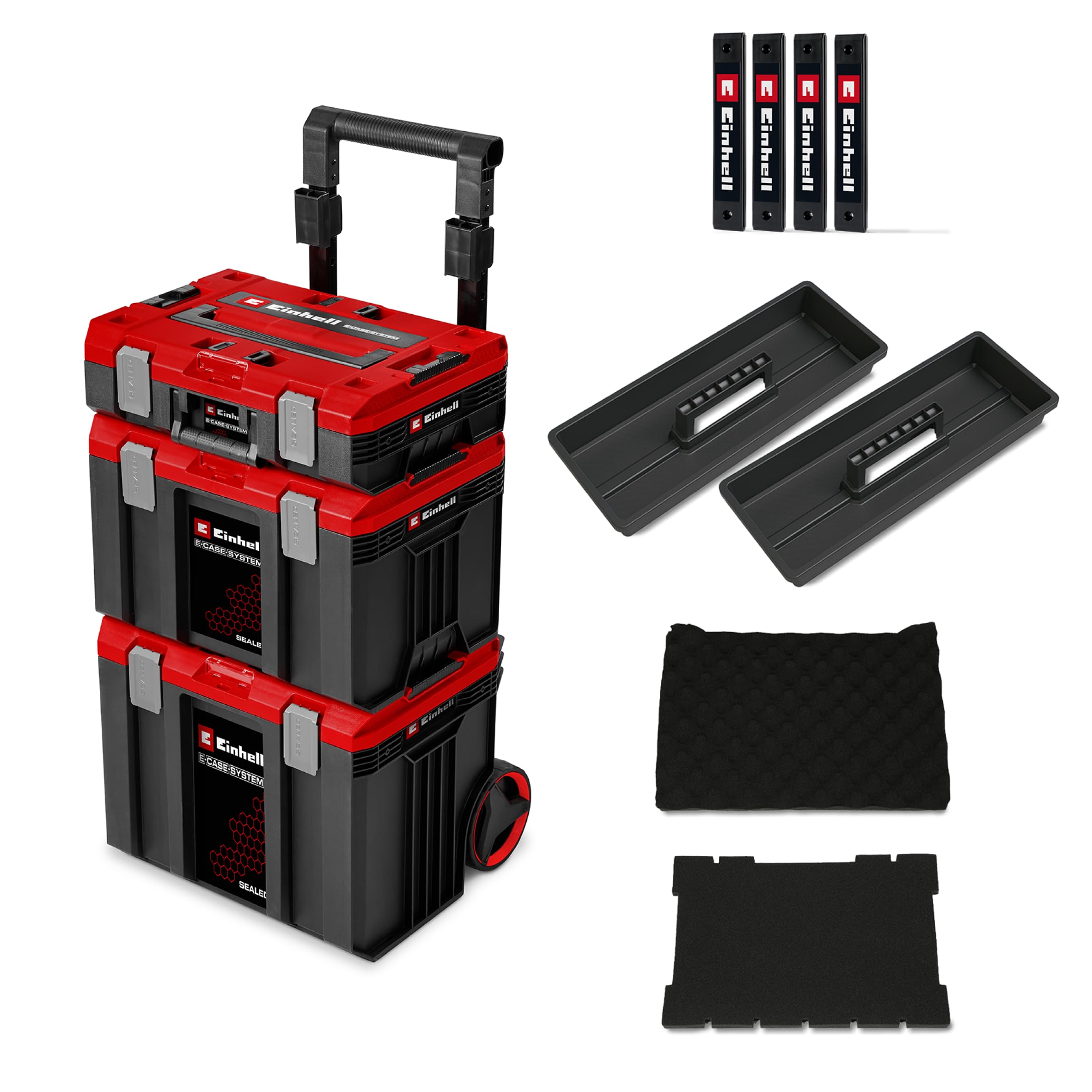 Original Einhell E-Case Rolling Workshop SEALED (servante d’atelier composée de 3 mallettes, max. 120 kg, étanche à la poussière + projections d’eau, 44 x 40 x 70 cm, avec rails latéraux)