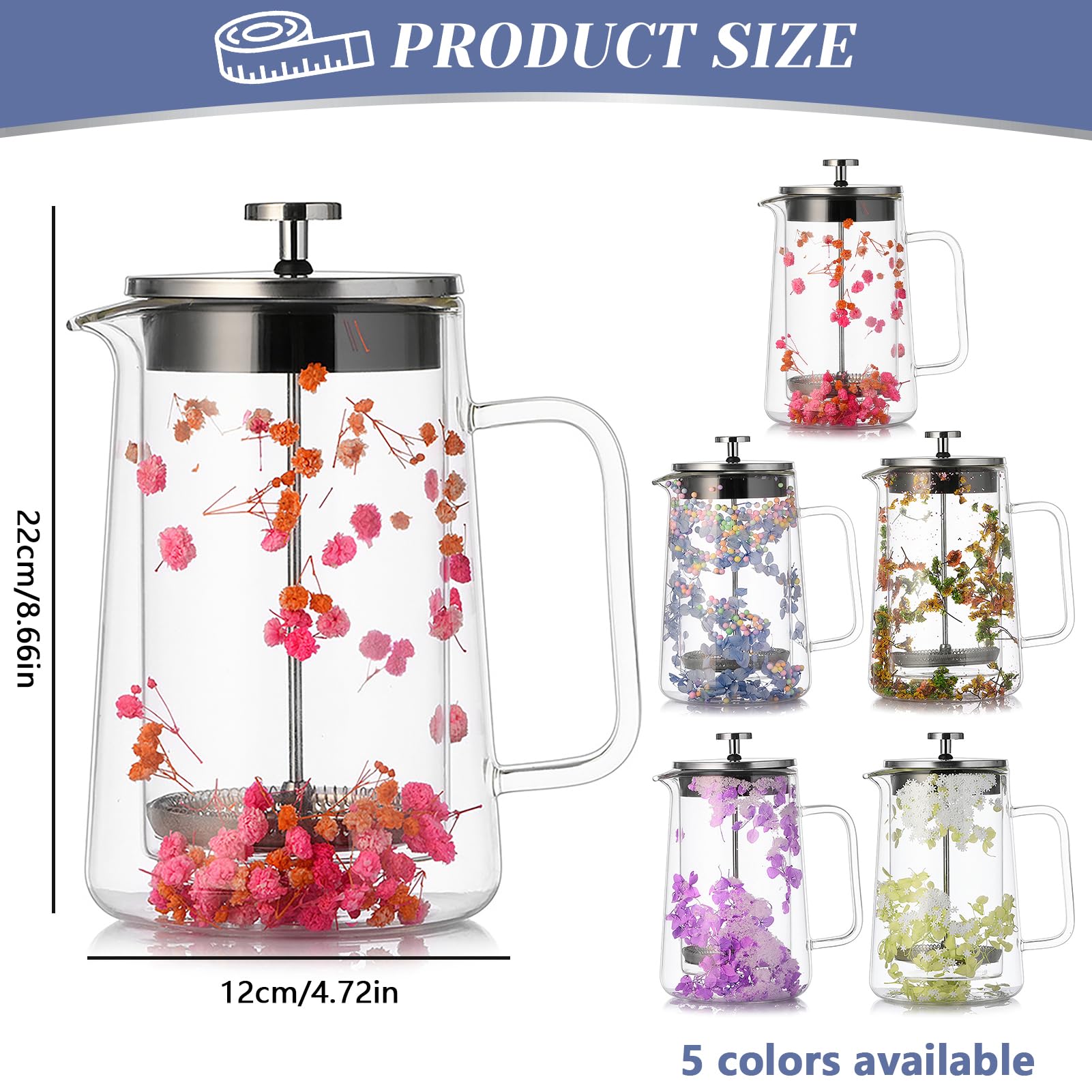 1L Français Presse Café En Verre Avec Décoration De Fleurs Séchées, French Press Cafetière À Piston En Verre Borosilicate Und Acier Inoxydable Pour Café Thé, Français Presse Café En Verre (C)