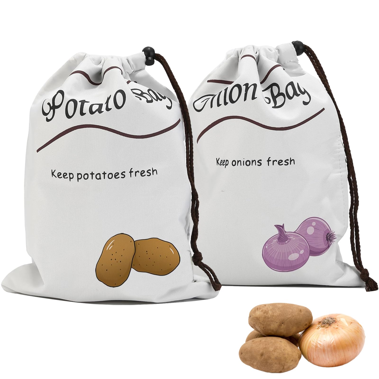 Potato and Onion Storage Bags with Side Zipper Access, Breathable Cotton Linen Drawstring Vegetable Bags, Washable Potato Sack & Onion Storage Container for Kitchen Pantry