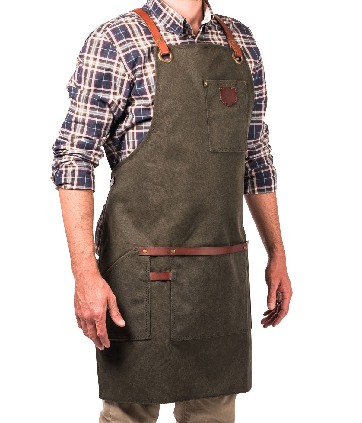Alaskan MAKER Tablier de Travail Premium en Coton enduit et cuir véritable N°547 - Bretelles croisées ultra confortable - Unisexe & Taille universelle (Vert Olive)