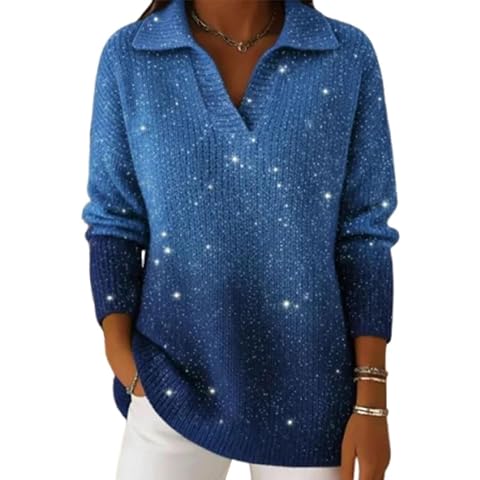 Dreamy Starry Sky Gradient Polo Collar Knit Sweater Top Womens Starry Sky Gradient Sweater Shirts Lapel Long Sleeve