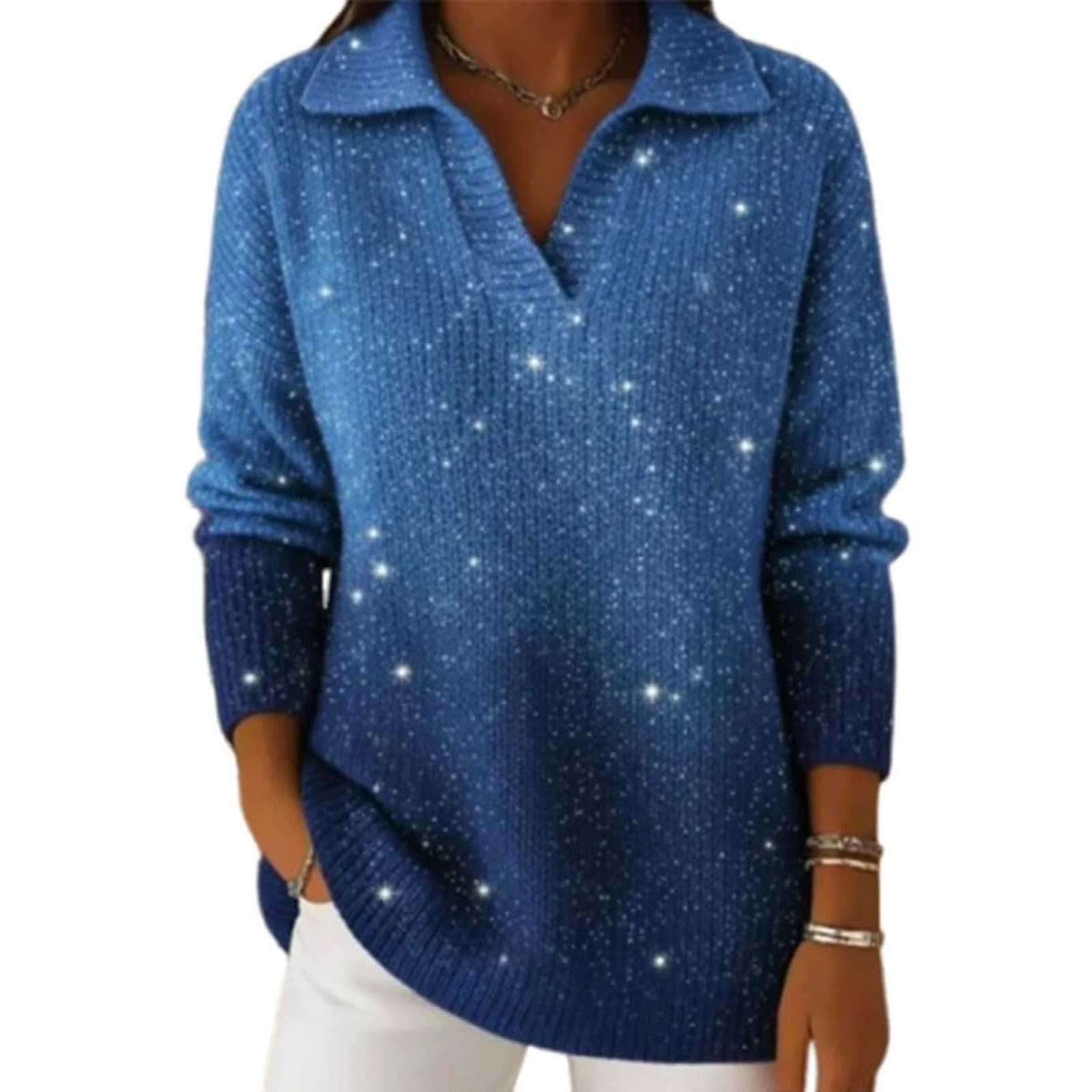 Dreamy Starry Sky Gradient Polo Collar Knit Sweater Top Womens Starry Sky Gradient Sweater Shirts Lapel Long Sleeve