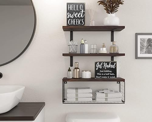 Miniatura 2 de Pigort Letreros divertidos de baño con texto en inglés Get Naked, reglas de decoración de granja, letreros de madera de 5 x 6 x 1.8 pulgadas