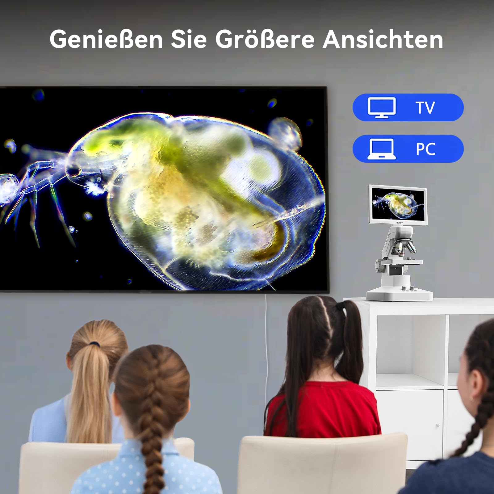 TOMLOV DM301 Pro Biologisches Mikroskop 1200X: 7" Digital Mikroskop mit USB-Ausgang für Erwachsene Kinder, 3 Objektive, Integrierter Messskala, Doppelte LED-Beleuchtung, Kompatibel mit Handy, PC&TV