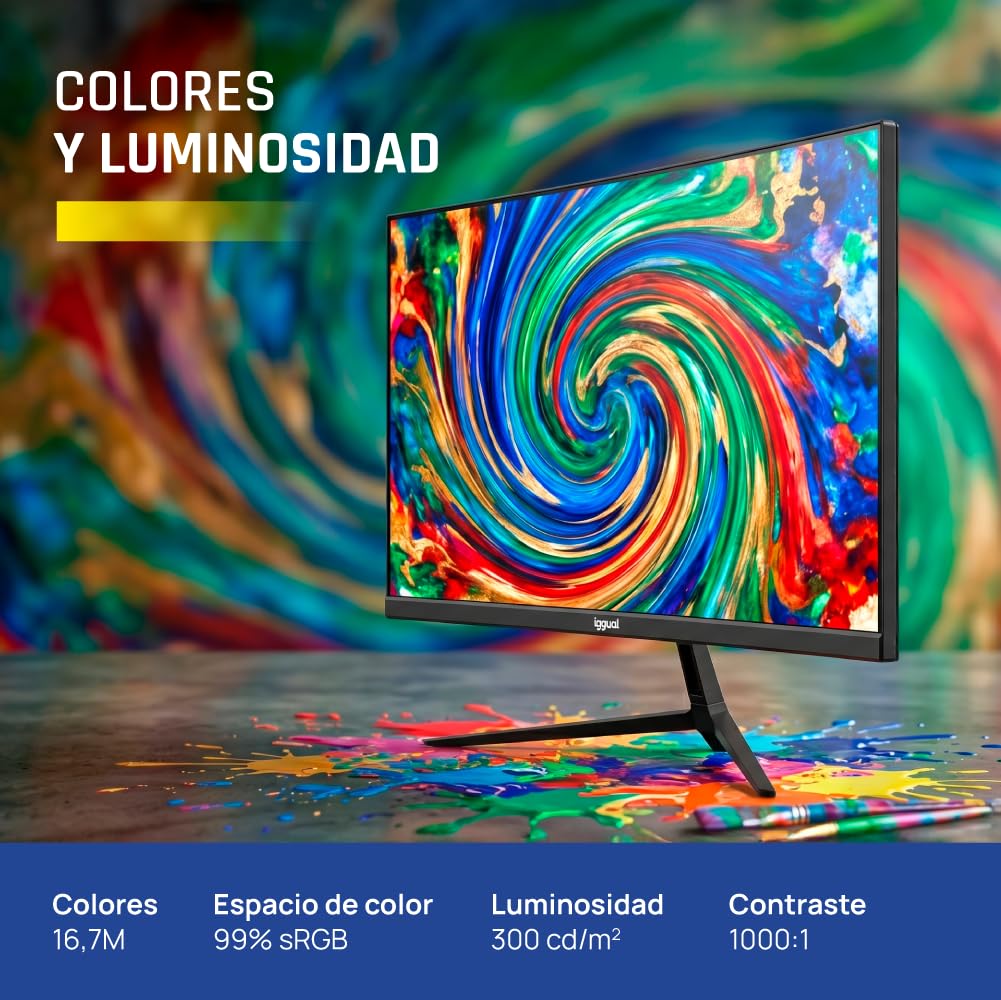 iggual Monitor Profesional 23,8” con Altavoces Integrados- Panel IPS(1920x1080)@120Hz (FHD)-Respuesta 1ms- Pantalla Frameless 99% sRGB-Conexiones: VGA y HDMI-Flicker Free-Compatible VESA -Negro