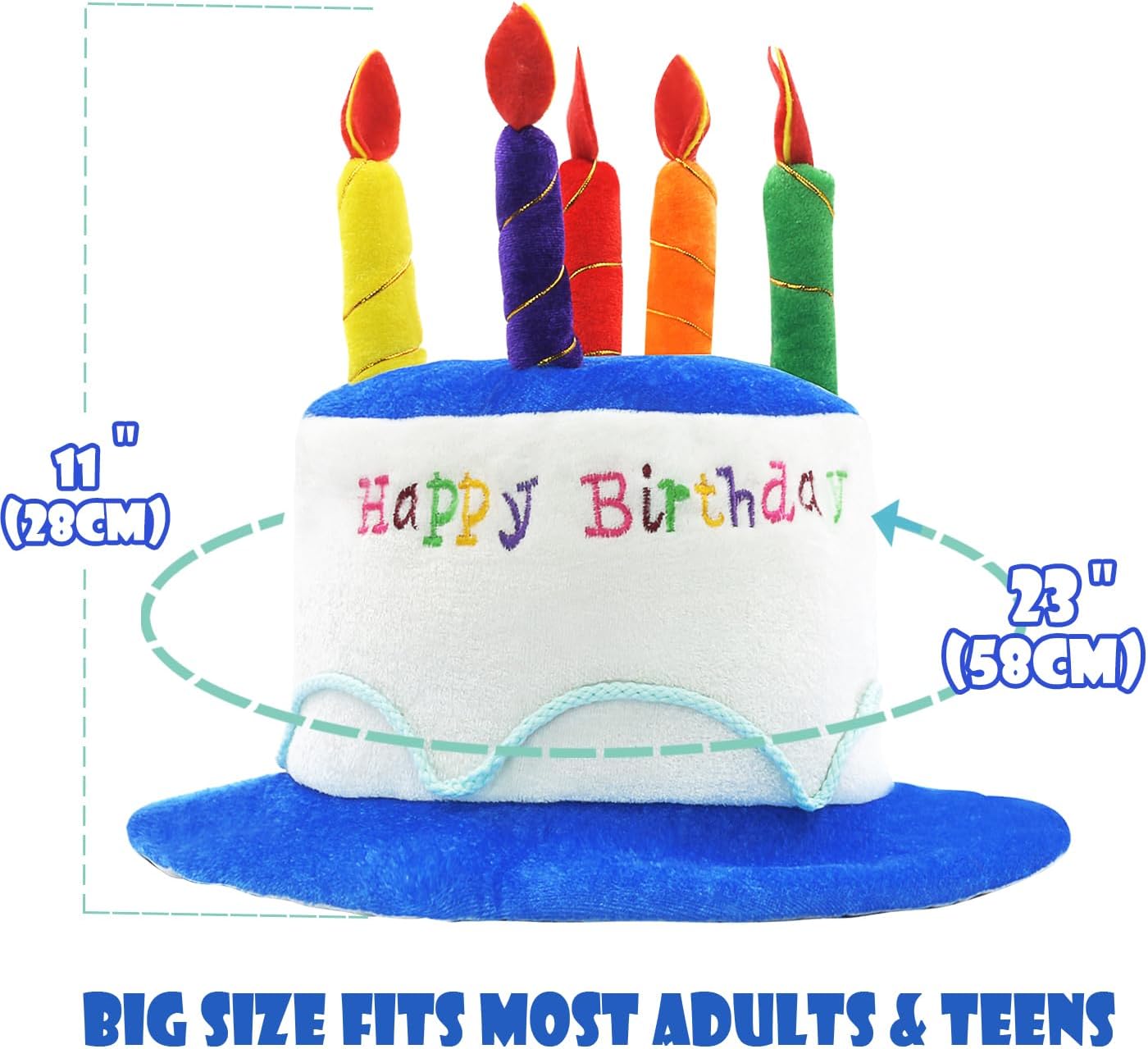 Novelty Place Blue Plush Happy Birthday Cake Hat - Unisex Adult Size Fancy Dress Party Hats - Perfect as Party Favors, Costume Accessories - Cake & 5 Multicolor Candles - Image 4