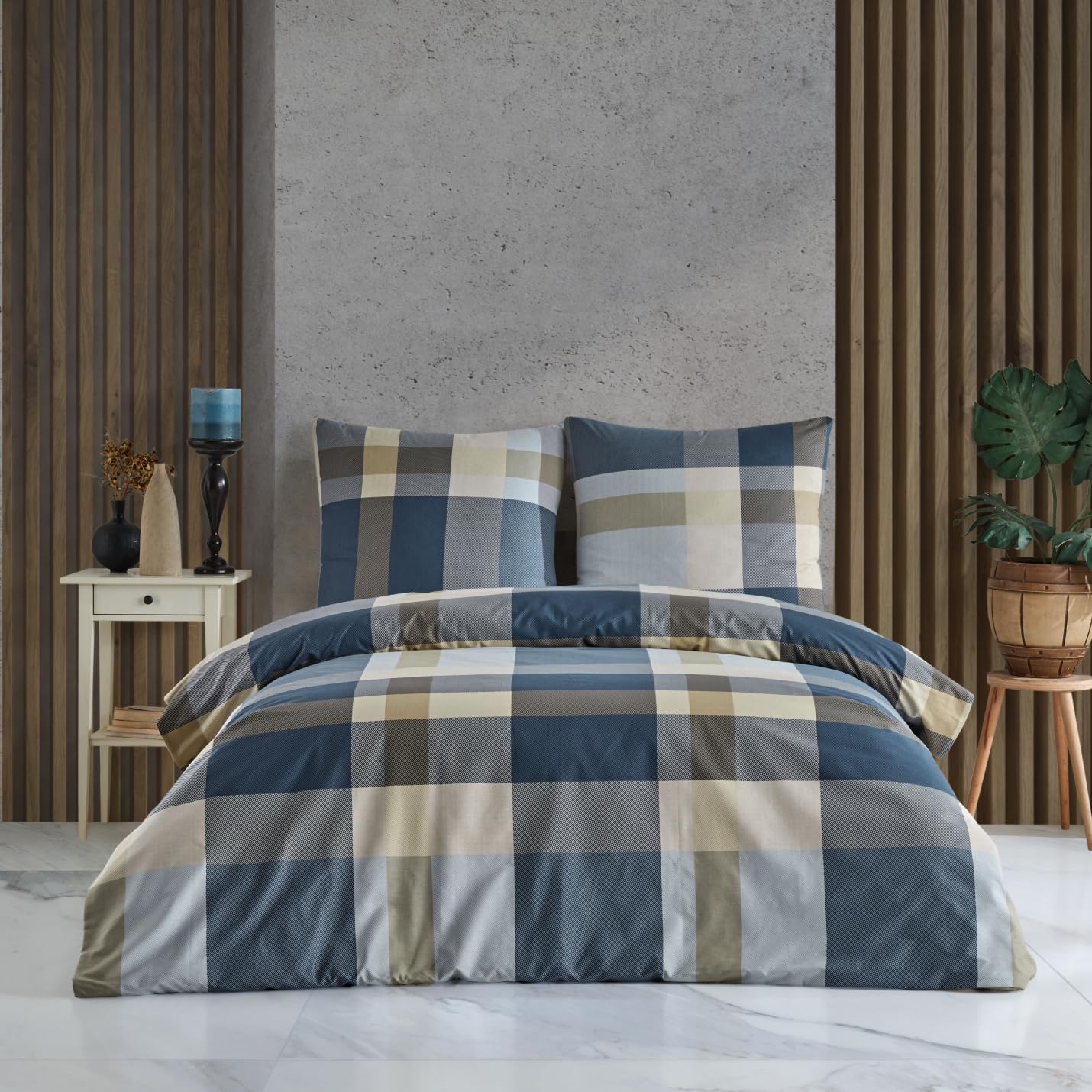 Housse de couette en coton respirant doux 135x200 bleu caro taie