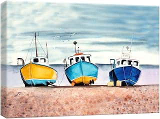 PHOENIX Coastal Boat Watercolor Wall Art Decor Framed Canvas Nautical Beach Serene Seaside Painting Fishing Boat Tranquil Ocean for Home Office Living Room & Bedroom 18X24 Inch