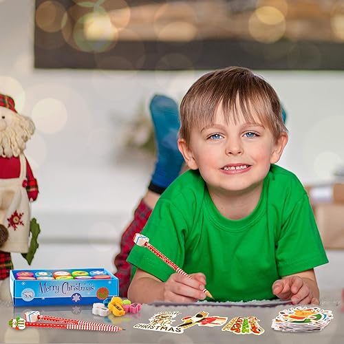 Miniatura 7 de Whaline Colección de papelería de Navidad, 140 juegos de 40 lápices de Navidad con borrador, 20 sellos de Navidad, 60 calcomanías de Navidad, 52