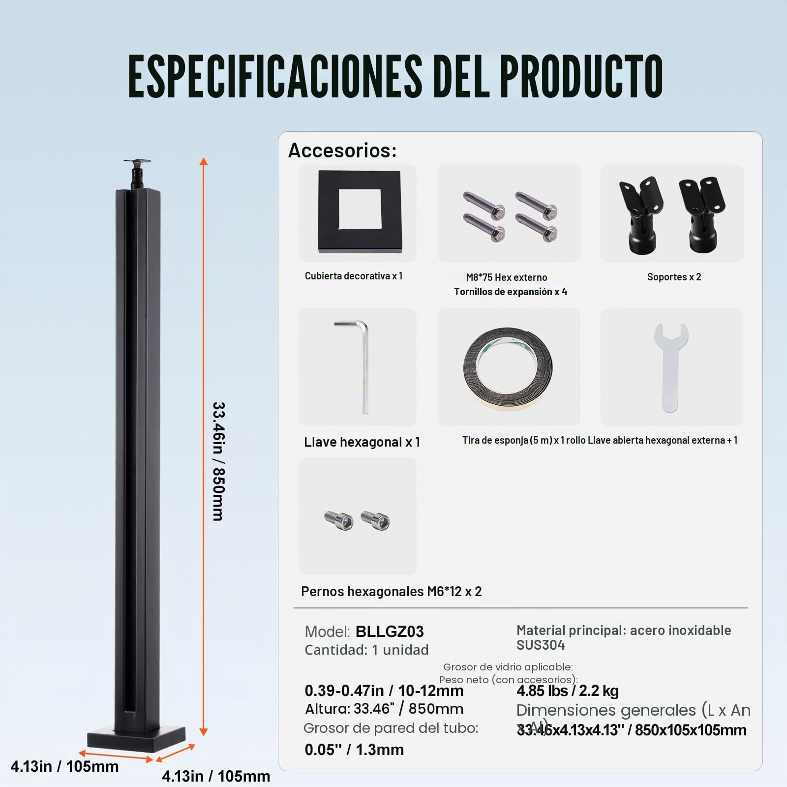 VEVOR Abrazadera de Vidrio, Soporte de Barandilla de Vidrio de 910 x 105 x 105 mm para Vidrio Templado de 10-12 mm de Espesor, Acero Inoxidable 304, para Balcón, Jardín, Cubierta, Escalera, Negro