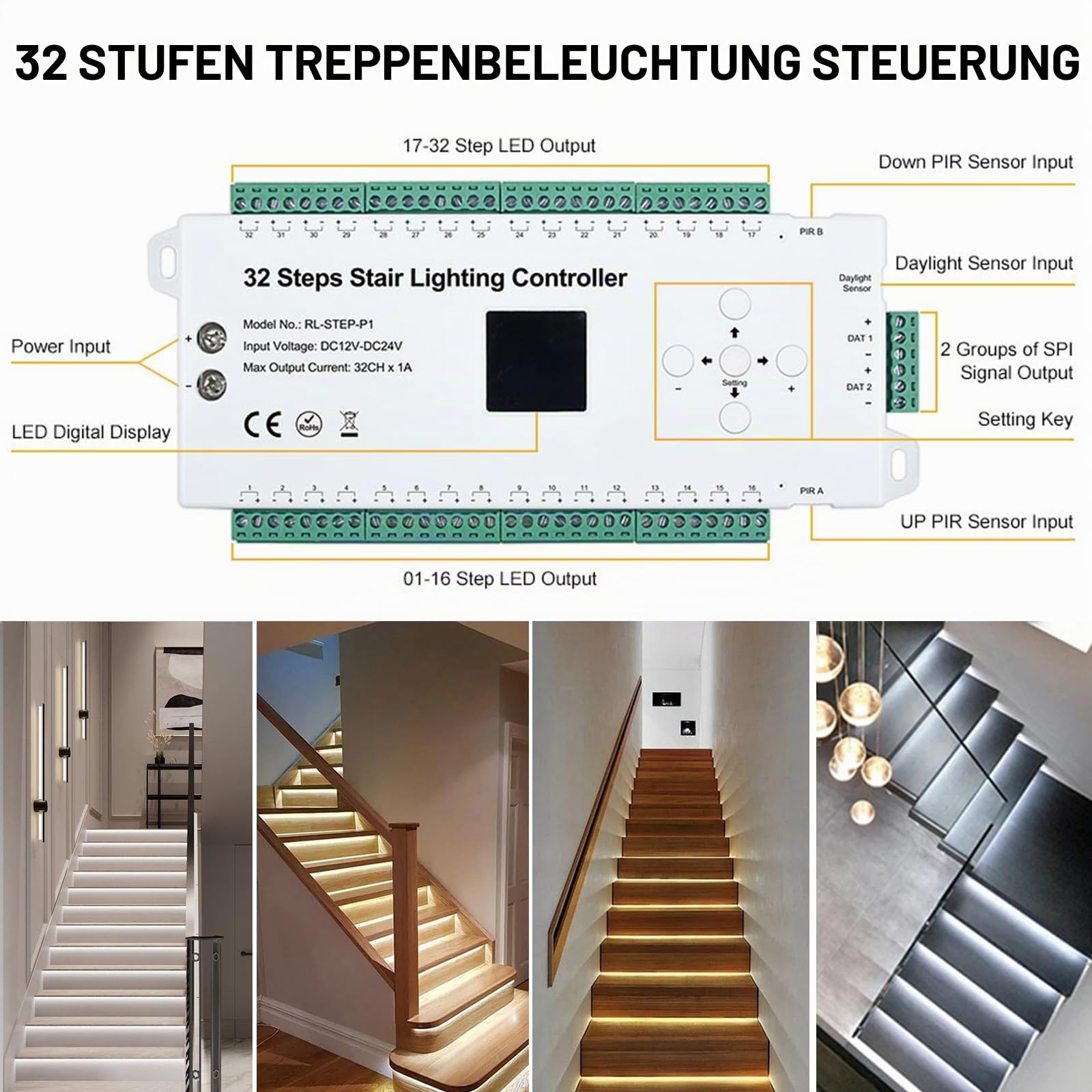 32CH PIR-Sensor Treppenlicht Controller,Treppen-Controller mit Sensor, Laufband und Lichtsensor, Panelschalter, 32 Stufen Infrarot-Controller,Treppenlichtsteuerung LED-Treppenlicht-Controller