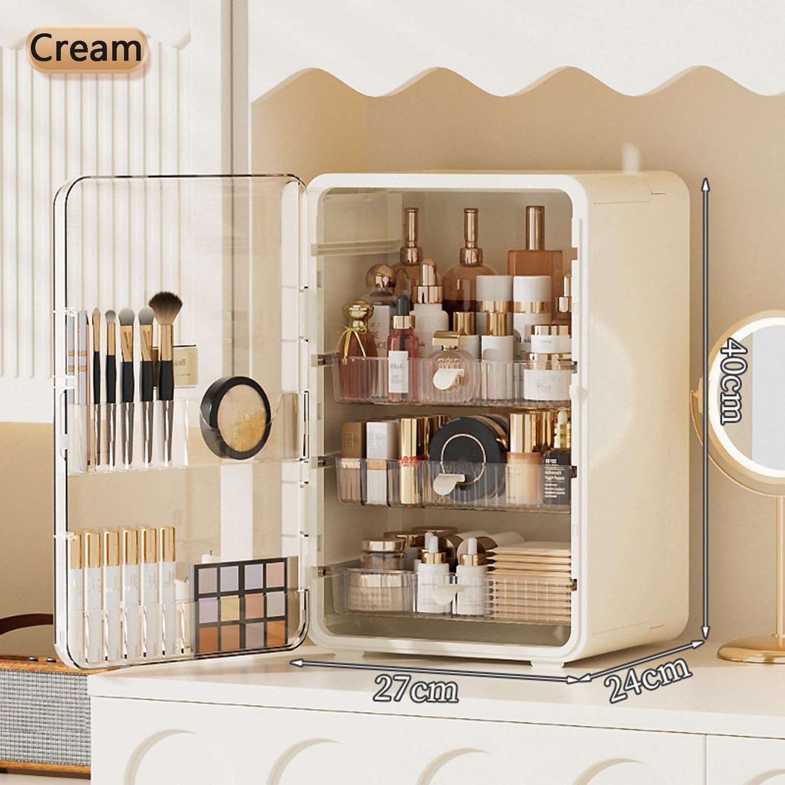 Make-up-Organizer, Hautpflege-Organizer für den Schminktisch, große Kosmetikvitrine mit Kunststoffschublade, Aufbewahrungsorganizer, Make-up-Pinselhalter für Kommode und Badezimmerablage (Beige)