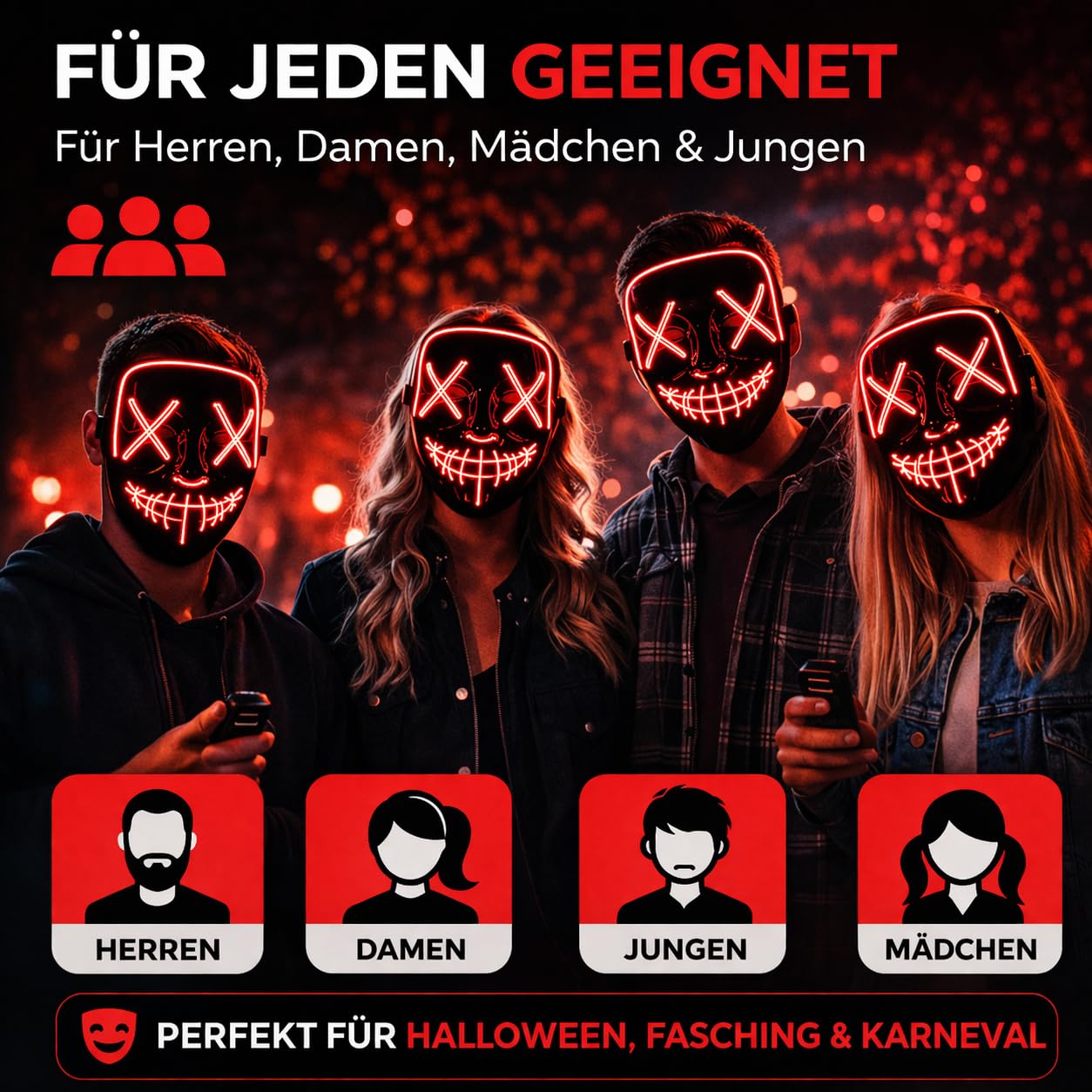 FASCHINFEVER Maska czyszcząca LED – maska kostiumowa sterowana na Halloween, karnawał i karnawał, jako kostium dla mężczyzn i kobiet (wybór koloru)
