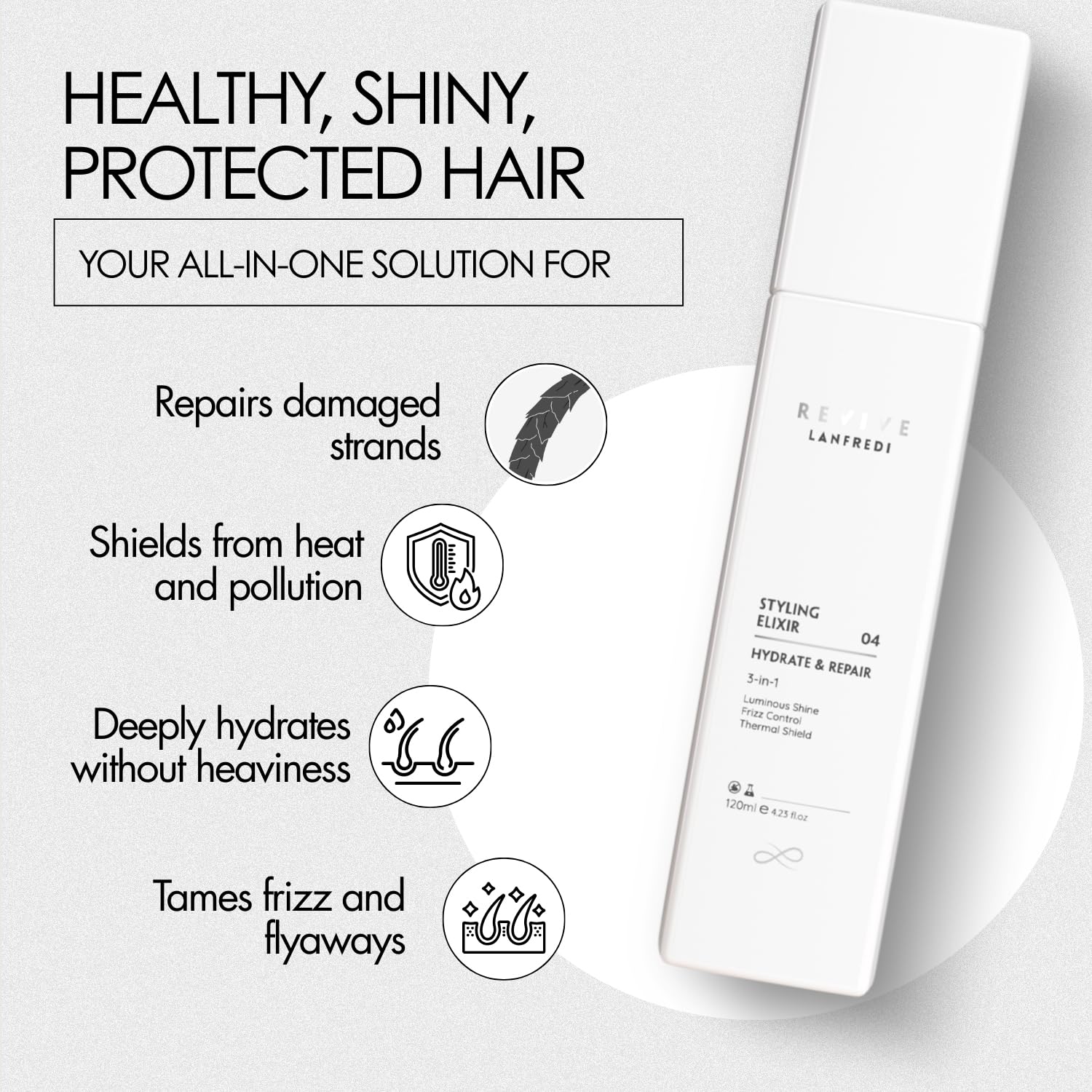 Hair Serum 3-in-1 Elixir for Frizz Control, Shine, Heat Protectant, Keratin Hair Treatment, Deep Repair, Lightweight for All Hair Types