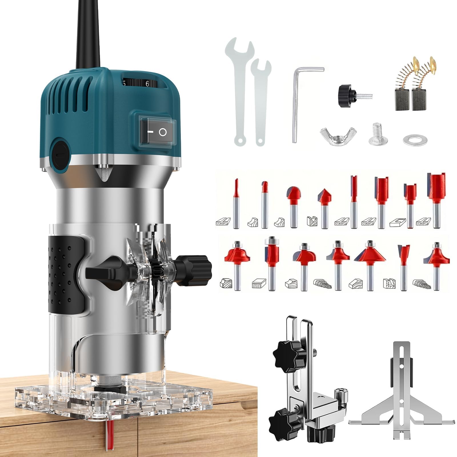Oberfräse Trimmer, 800 W Holzfräse Kantenfräse mit 15 Fräsen, 6,35mm, 6 Variable, 30000 U/min Elektrik Einhandfräse zum Fasen, Nuten, Trimmen, Schneiden, Bohren, Schnitzen