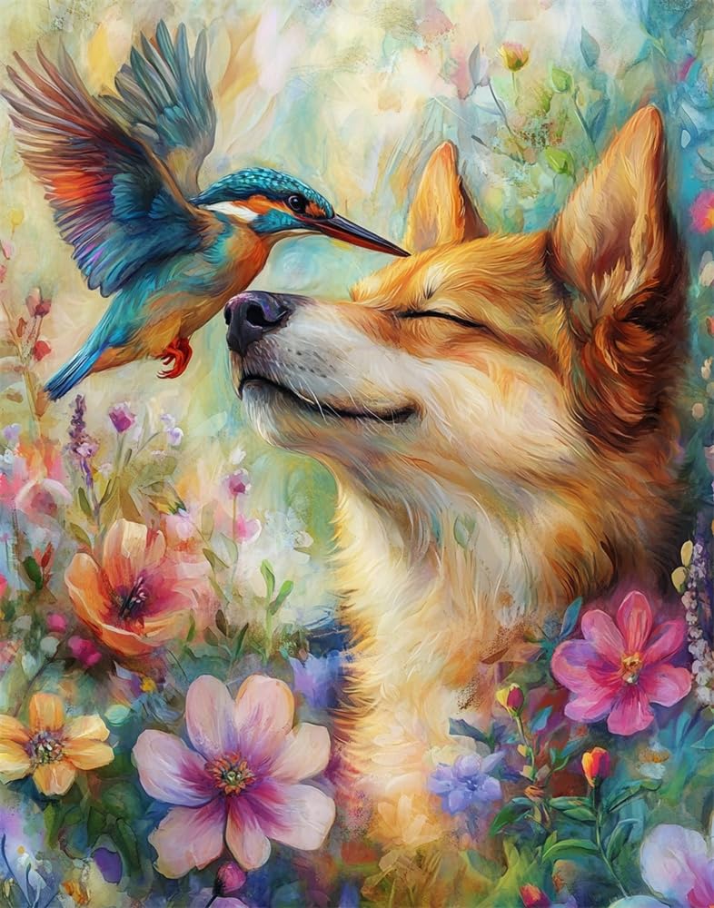 Henypt Counted Cross Stitch Kit for Adults Pre Printed, Dog and A Kingfisher DIY 11Ct Embroidery Sewing Starter Kit Stamped Needlework Easy Beginners (Stamped Home)