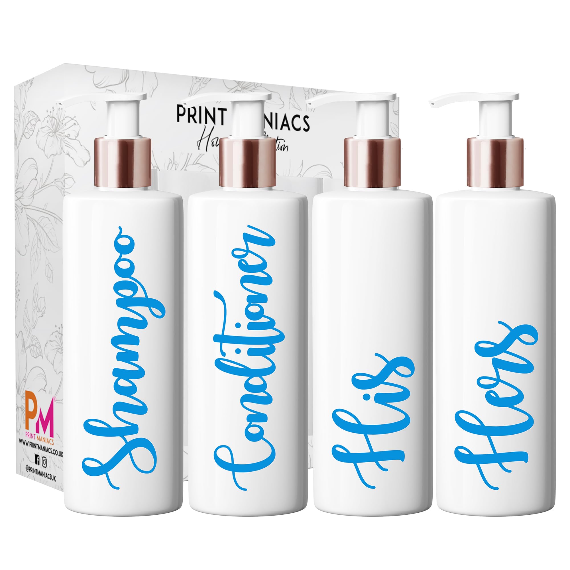 Print Maniacs White Mrs Hinch Inspired Personalised 500ml Bottles Bathroom Lotion Kitchen Shampoo Conditioner Rose Gold Pump (Set 4 His Hers) (Blue)