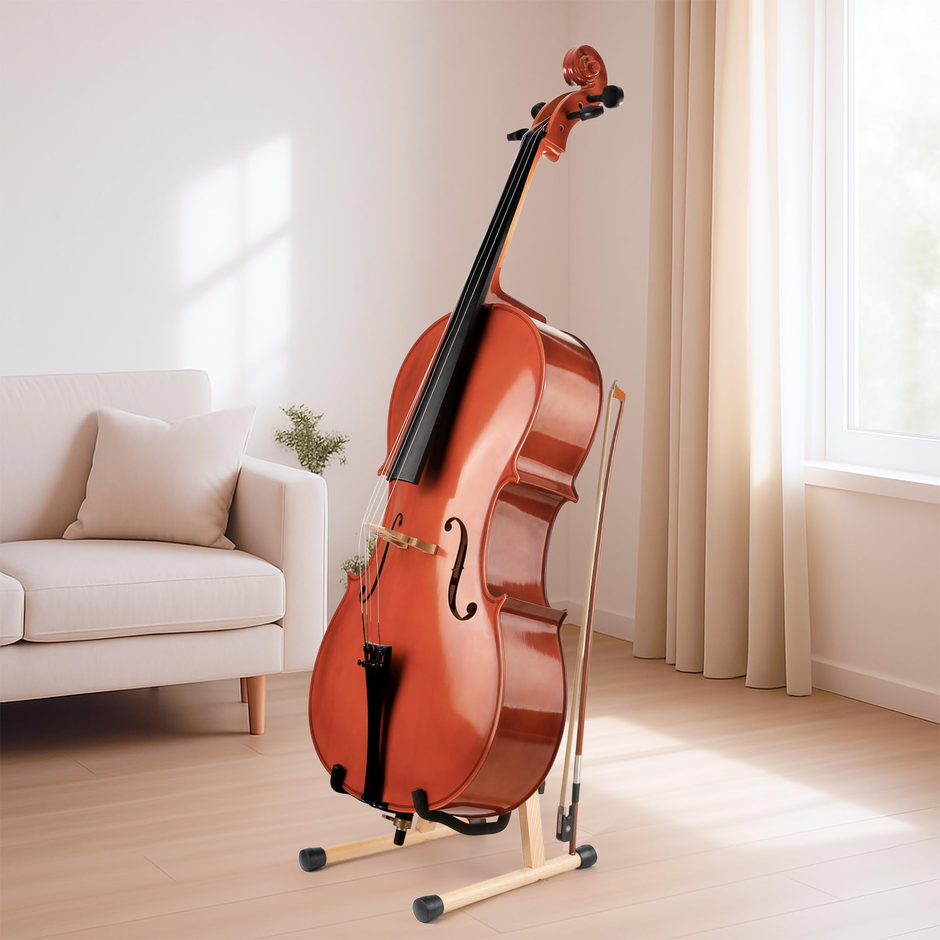 Cello-Ständer mit Bogenhalter, A-förmiger Holzfußständer mit gepolstertem Schaumstoff – Handgefertigte Halterung für 1/2, 3/4, 7/8, 4/4 (Vollgröße) Celli und Gitarren (Ashwood, Cello)