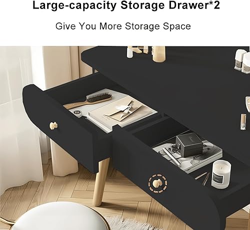 Miniatura 4 de Juego de mesa de tocador de maquillaje con espejo, tablero de fibra de densidad media, moderno escritorio de maquillaje con 2 cajones y 2 estantes,