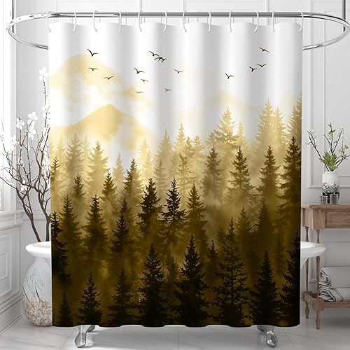 Miniatura 3 de Cortina de ducha ChloropLastid bosque marrón nebuloso forestal cortina de ducha ombre amarillo marrón forestal impermeable cortinas de ducha de tela