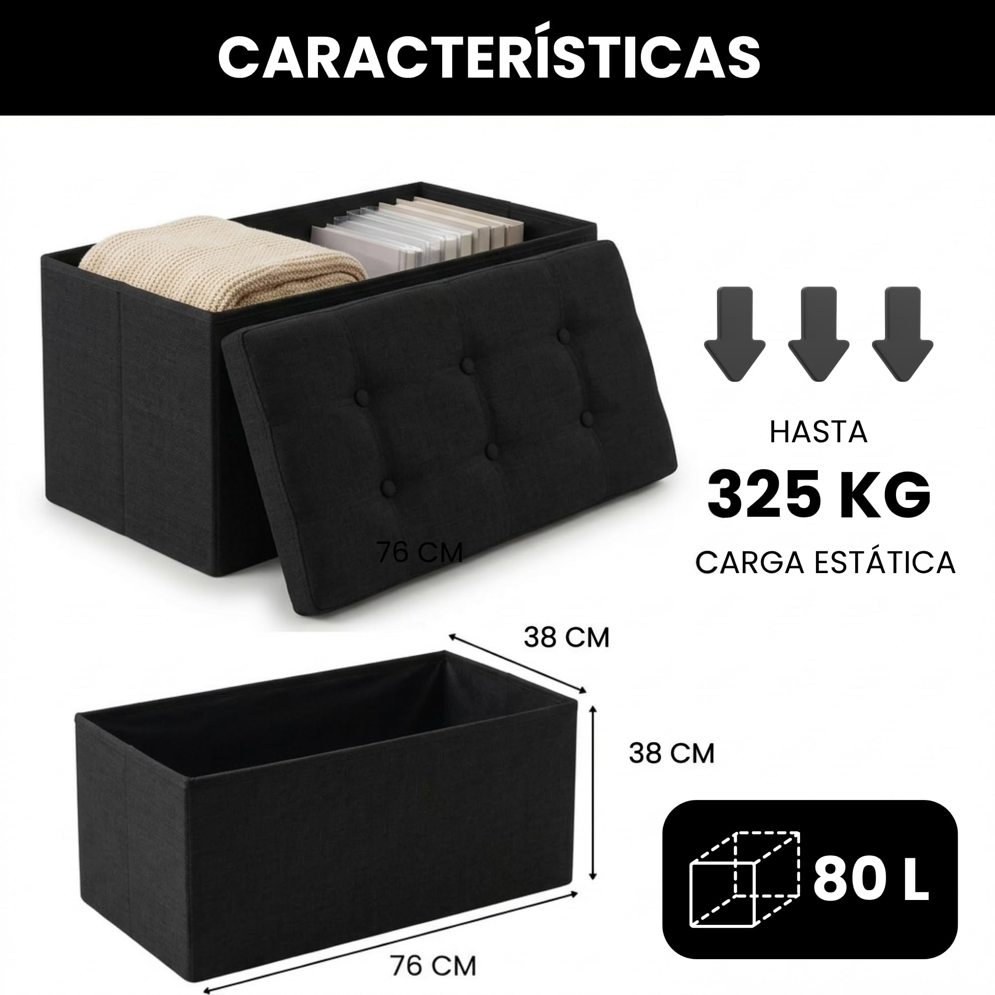 Edihome, Pouf Rangement Pliable avec Couvercle en Tissu 38x76x38 cm – Coffre de Rangement, Banc Multifonction, Repose Pied Salon, Coiffeuse (Noir)