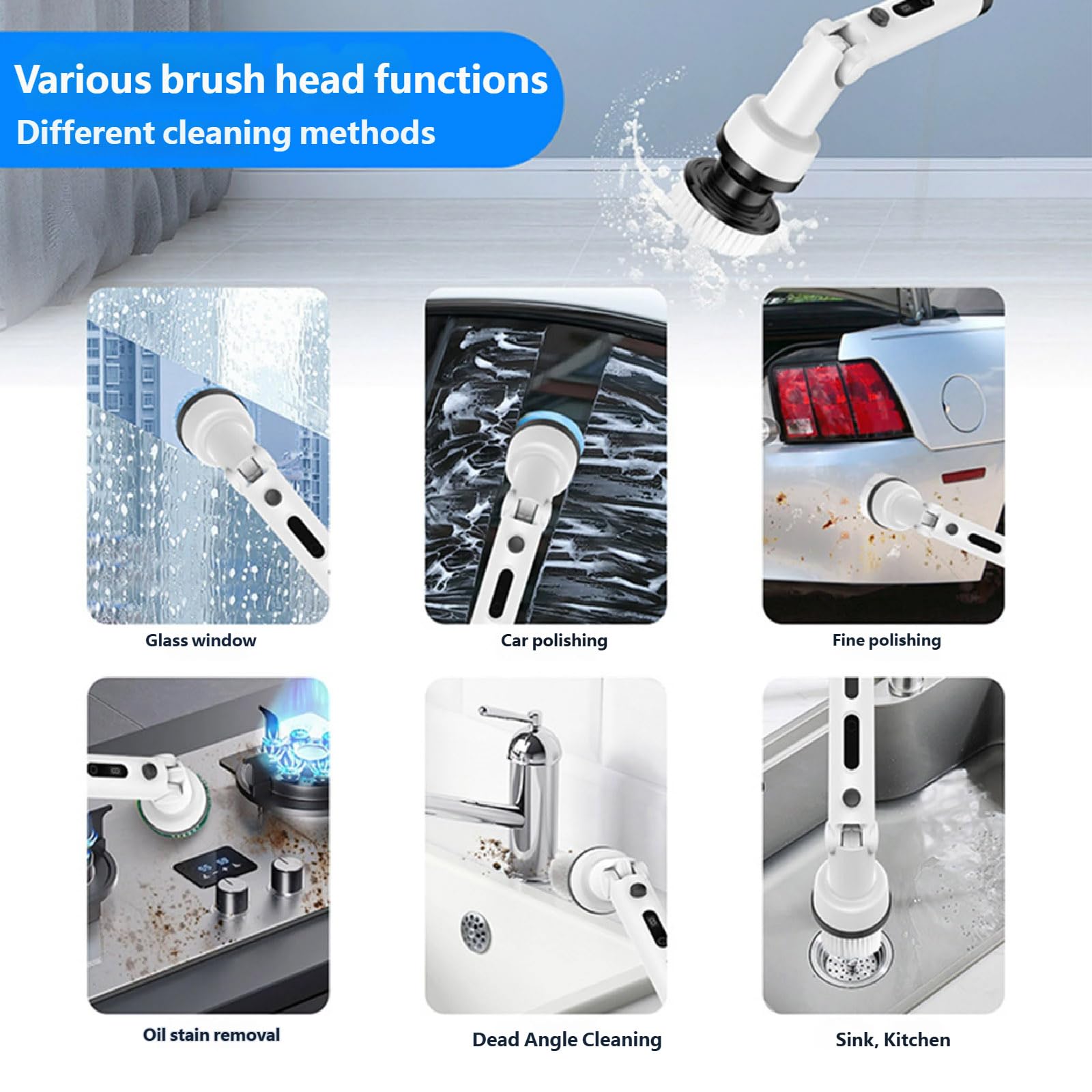 Brosse de Nettoyage électrique sans Fil, avec poignée réglable et 9 têtes de Brosse pour diverses Surfaces, Nettoyeur de