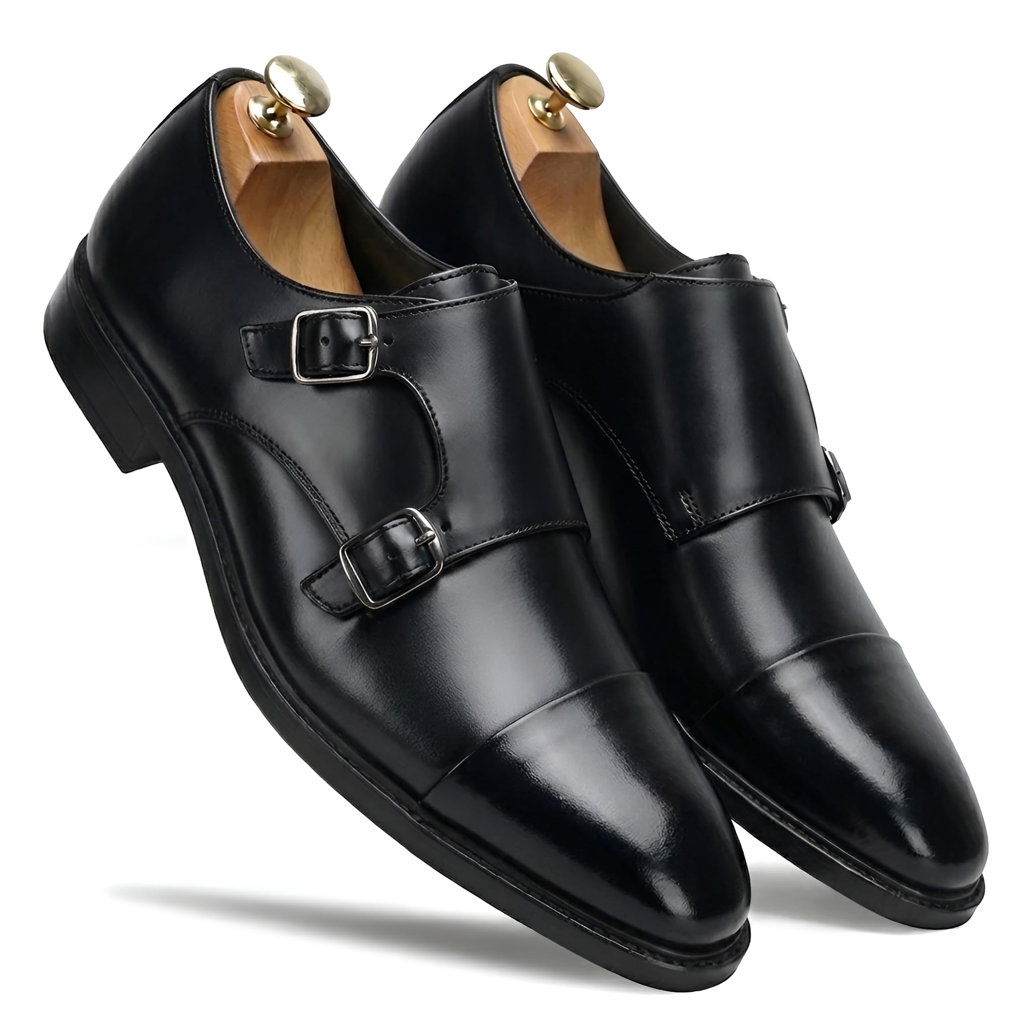 tom hendrix Men's Genuine Leather Double Monk Strap Formal Shoes | Classic Cap Toe Design with Metal Buckles | Office, Business-picture-33