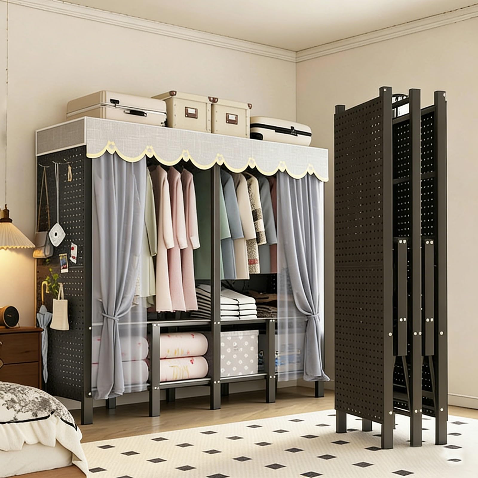 Faltschrank, Stoffkleiderschrank, Robuster Kleiderschrank mit Perforierten Paneelen, Freistehender Garderobenschrank, für Schlafzimmer(Black,130cm/51in)