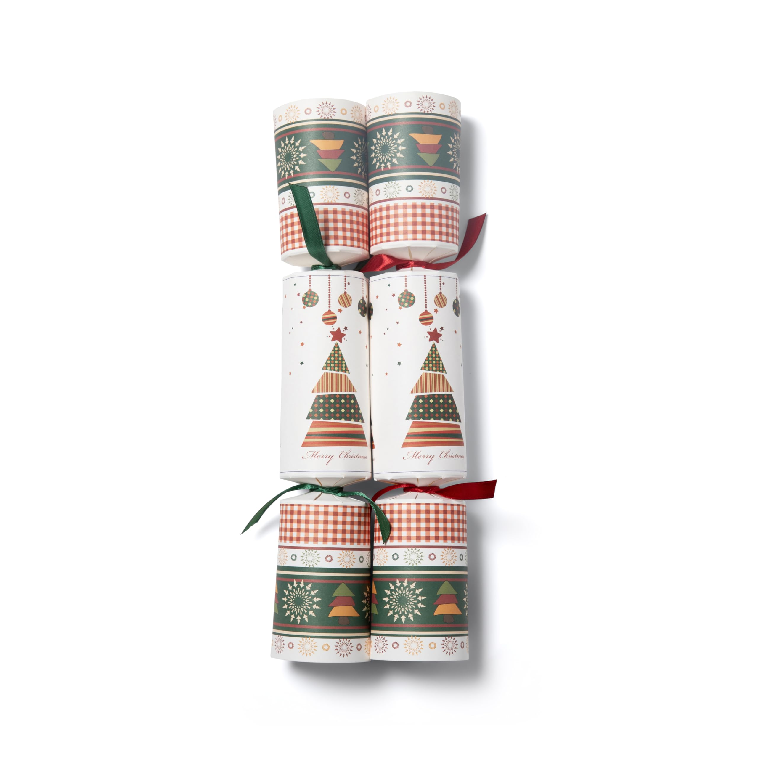 Bespoke 77 Eco Friendly Kraft Christmas Crackers 12 Inch/30cm Length x 5cm Diameter - Metal Gifts for Restaurants & Hotels, Cafes (White/Green/Red/Gold, Xmas Tree/Bauble Print) - CASE OF 24